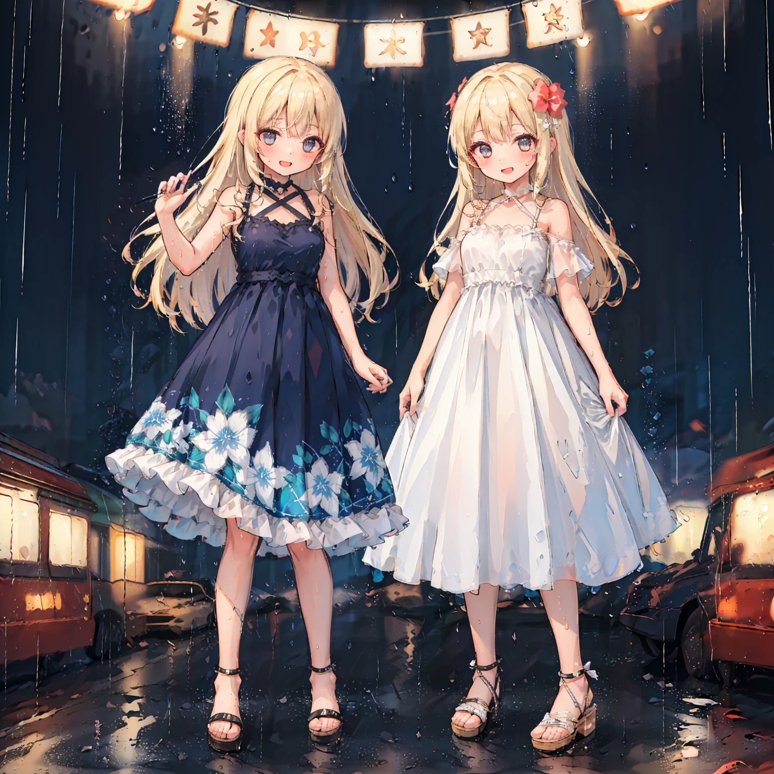 (8k, super high quality, masterpiece), (detailed), One Woman, cute, Small breasts, blonde, Navy Blue Dress, Floral, Hawaiian Dress, Sandals, whole body, rain, Don&#39;t use an umbrella, soaked, Childlike, The best smile, Water Drop, My clothes are wet and shining, 