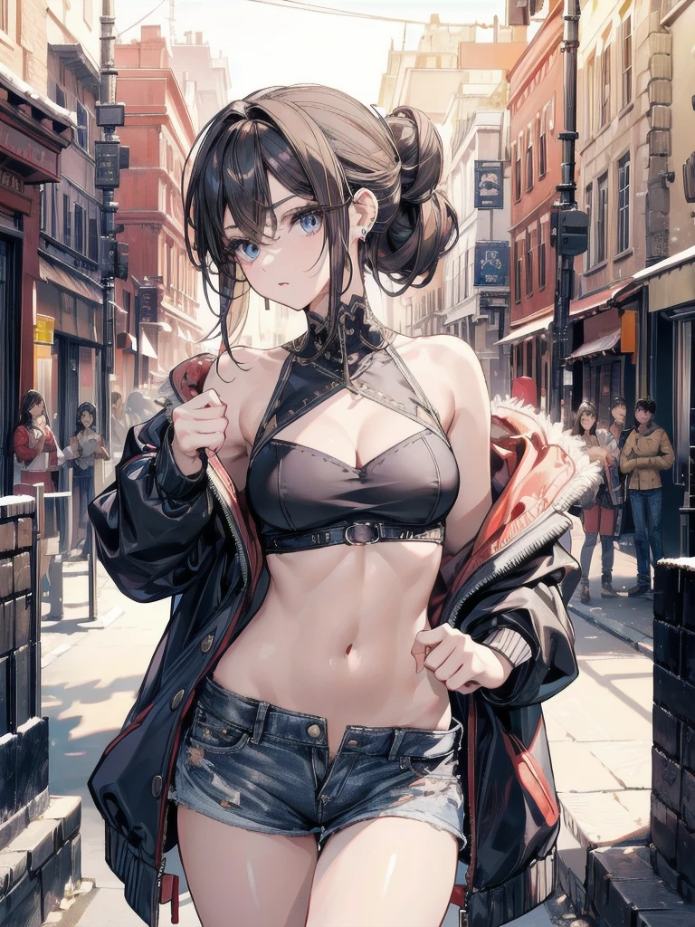 <lora:Chainmail_Beltbra_By_Stable_Yogi:0.8> (Chainmail spikes:1.4) beltbra, underboob, strapless, bandeau,, ultra detailed, masterpiece, best quality, aesthetic, detailed,, solo, frown,
1girl, red eyes, <lora:Tsurime3:1>, (tsurime:1.2), (brown hair:1.3), medium hair, (asymmetrical bangs, swept bangs, cowlick:1.35), flipped hair, <lora:foldedponytail:0.8> foldedponytail, folded ponytail, (small breasts:1.3),