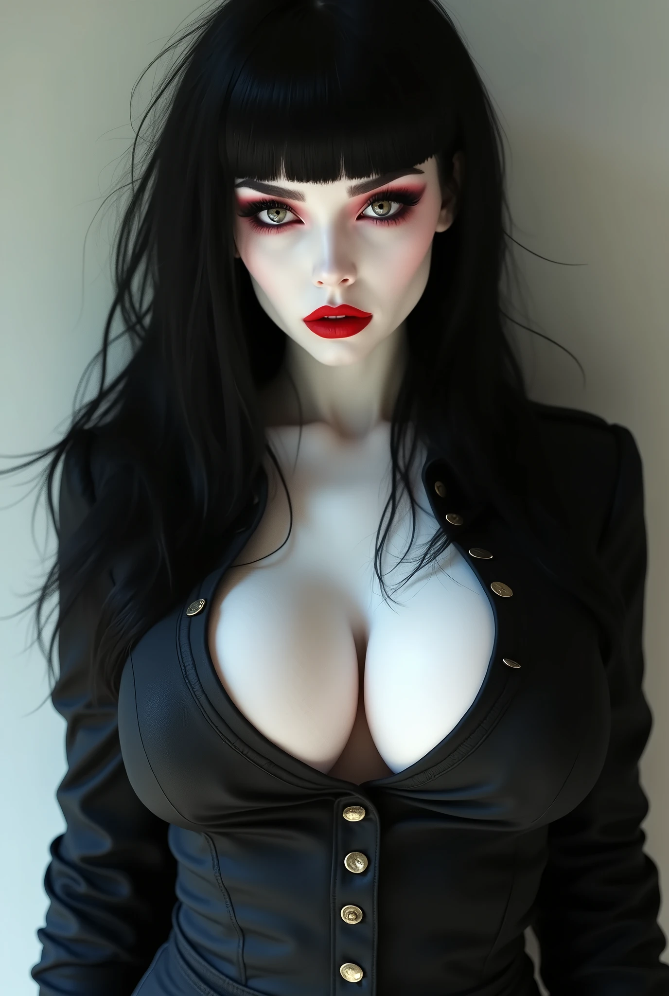 ((face close up, face shot)) ((Sexy, tall and very beautiful goddess of death)) ((dark eyeshadows make up)) ((bright red lipstick)) ((very pale skin)) ((big bright grey eyes)) ((very long straight black hair with bangs covering one eye)) ((big breasts:1.5)) ((weras strappless top)) ((choker)) ((gothic, dark fantasy)) ((high definition:1.5), ((gloomy ambient)) ((pale lights)) ((masterpiece:1.5))((8k:1.7)) ((Best quality:1.4)), more_details:-1, more_details:0, more_details:0.5, more_details:1, more_details:1.5,