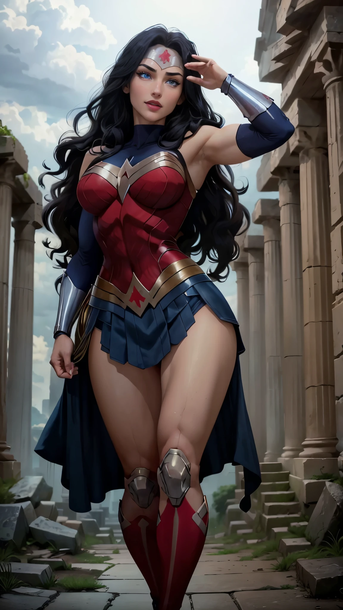 wonder woman da DC,(best qualityer,4K,8k,high resolution,work of art:1.2)(weather: cloudy), greek temple background, temple ruins, long curly hair, black hair, red top, blue micro shorts, red tall boots, diadem, spartan armor, dress trail, bracelets, long spartan cape, ultra detailed,realistic,beautiful detailed blue eyes, beautiful detailed lips,extremely detailed eye and face, long eyelashes,average,large breasts,flying hair,beaming smile, sexy smile,powerful girl, sexy pose, bright coloured, dramatic lighting,