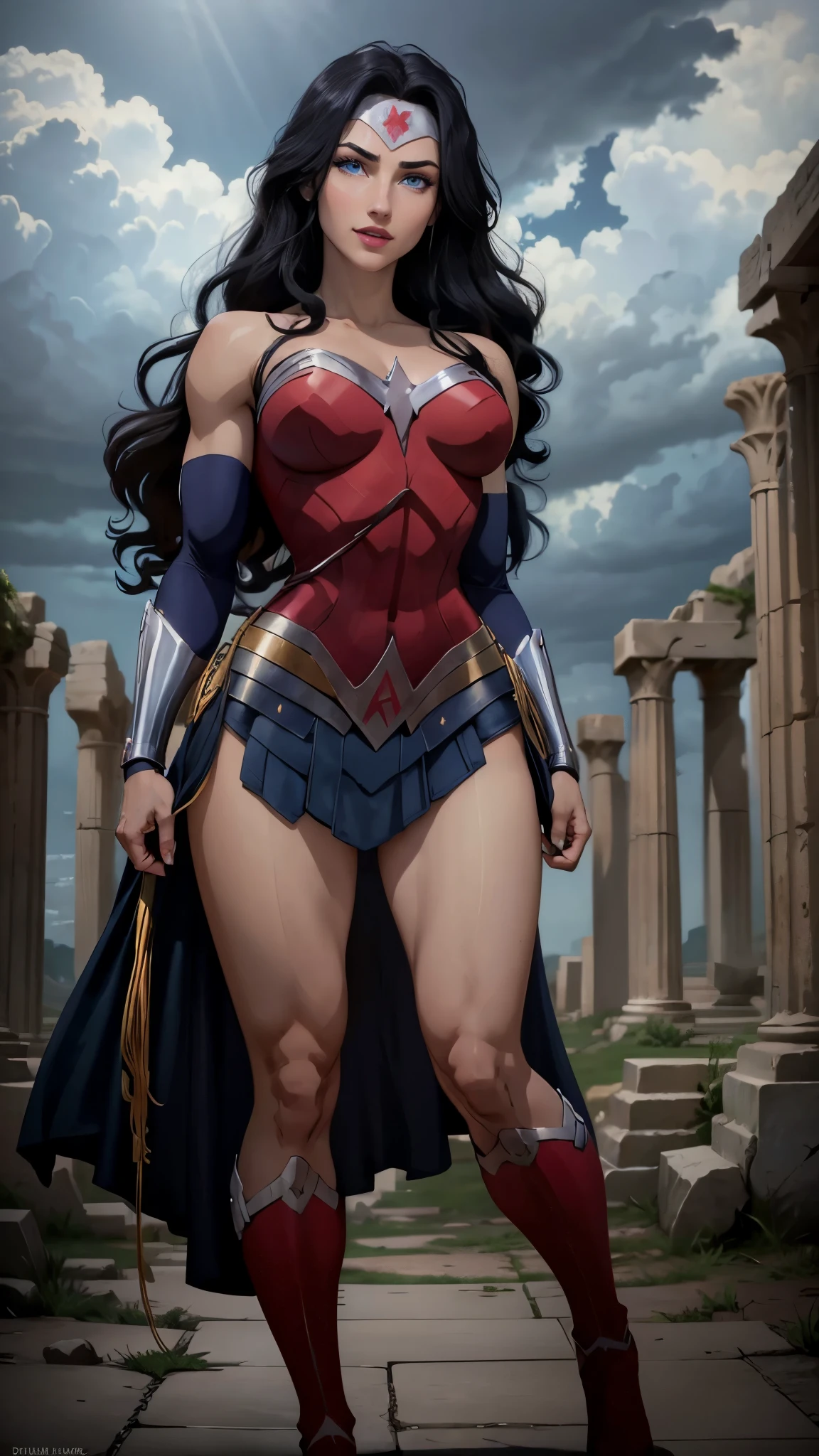 wonder woman da DC,(best qualityer,4K,8k,high resolution,work of art:1.2)(weather: cloudy), greek temple background, temple ruins, long curly hair, black hair, red top, blue micro shorts, red tall boots, diadem, spartan armor, dress trail, bracelets, long spartan cape, ultra detailed,realistic,beautiful detailed blue eyes, beautiful detailed lips,extremely detailed eye and face, long eyelashes,average,large breasts,flying hair,beaming smile, sexy smile,powerful girl, sexy pose, bright coloured, dramatic lighting,