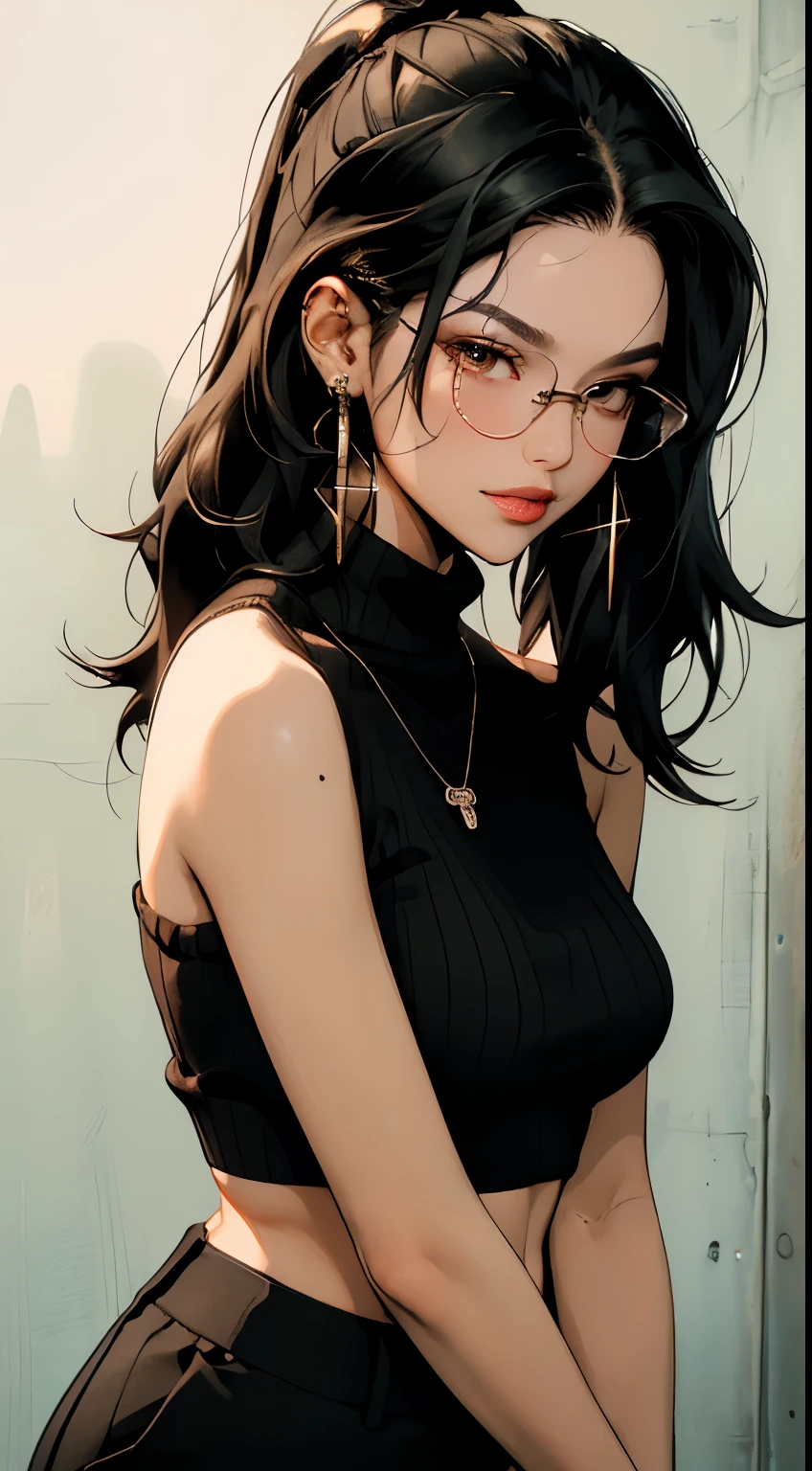 Amazing portrait of a sexy woman wearing her luscious black hair in a cute ponytail, seductively gazing and smiling, soft lips, parted, blushing intensely, smiling, dark green sweater, cream cargo pants, medium chest, perfect body