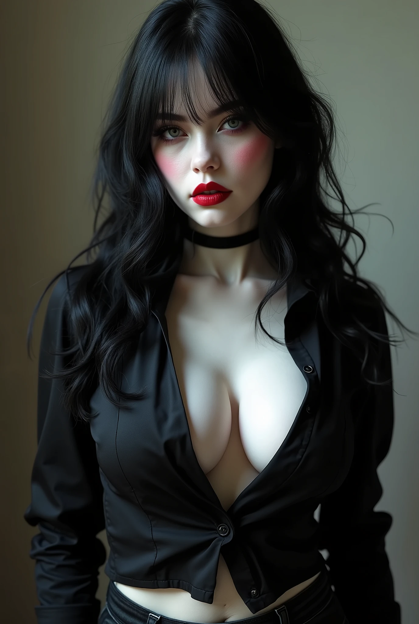 best quality,masterpiece,extremely detailed,high res,4k,ultra high res,detailed shadow, ultra realistic,realistic,dramatic lighting,1girl,solo,detailed face,realistic eyes,realistic skin,white dress, ,dynamic pose, Old woman, mature, golden skin tone, light brown hair, curly hair, high cheekbones, big lips, bimbo lips, tall, curvaceous, small waist, big hips, hip dips, large breasts, long legs, black pants, dress pants, leopard print top, top with cleavage, pov, kiss, pout