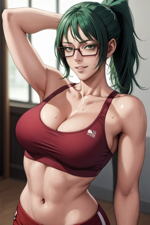 masterpiece, best quality, maki zenin, glasses, sport bra, green hair, ponytail,red pants, looking at viewer, small breasts, upper body, portrait, looking at viewer, parted lips, seductive smile, sweating, arms up, detailed armpits, cleavage