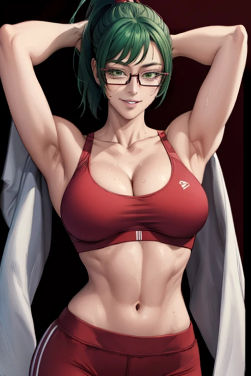 masterpiece, best quality, maki zenin, glasses, sport bra, green hair, ponytail,red pants, looking at viewer, small breasts, upper body, portrait, looking at viewer, parted lips, seductive smile, sweating, arms up, detailed armpits, cleavage