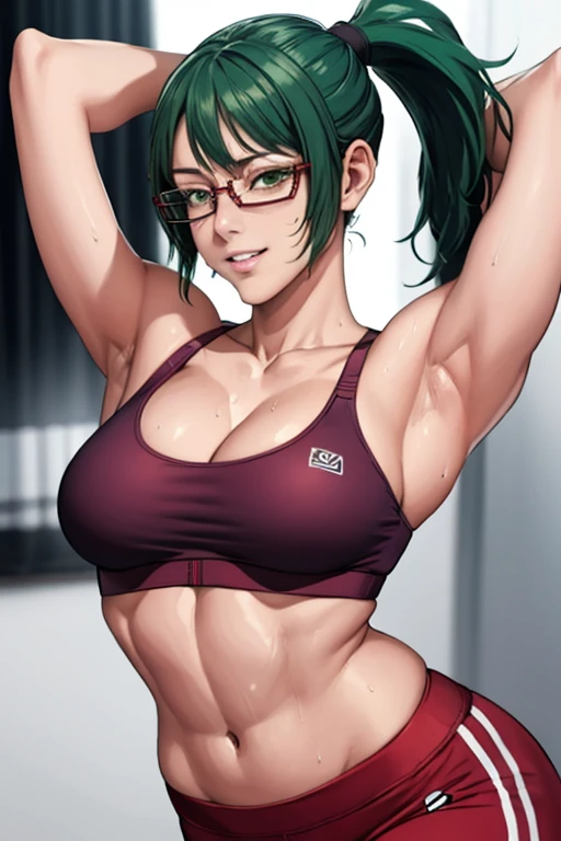 masterpiece, best quality, maki zenin, glasses, sport bra, green hair, ponytail,red pants, looking at viewer, small breasts, upper body, portrait, looking at viewer, parted lips, seductive smile, sweating, arms up, detailed armpits, cleavage