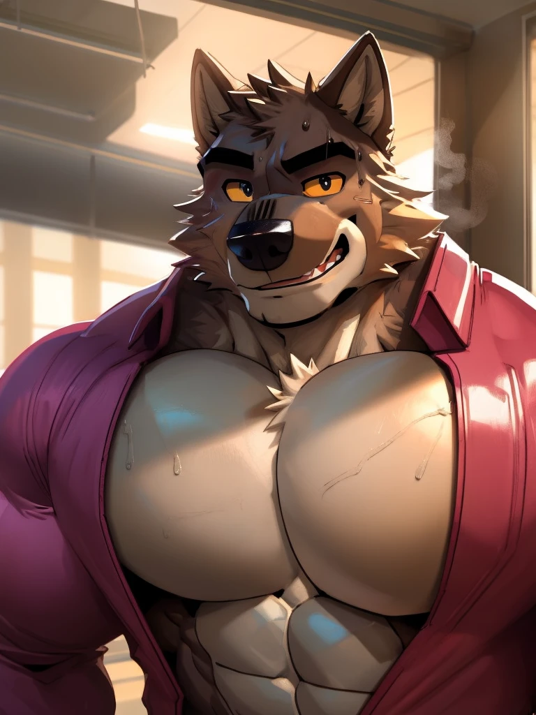 male focus, score_9, score_8, score_7, score_6,  bara, big muscles, correct anatomy, detailed eyes, simple backed, source_furry, gay, anthro, mr. wolf, beefy bodybuilder, massive muscle, musk clouds, sweaty body, musky, highres, huge pecs, big nipples, bara tiddies, bara tits