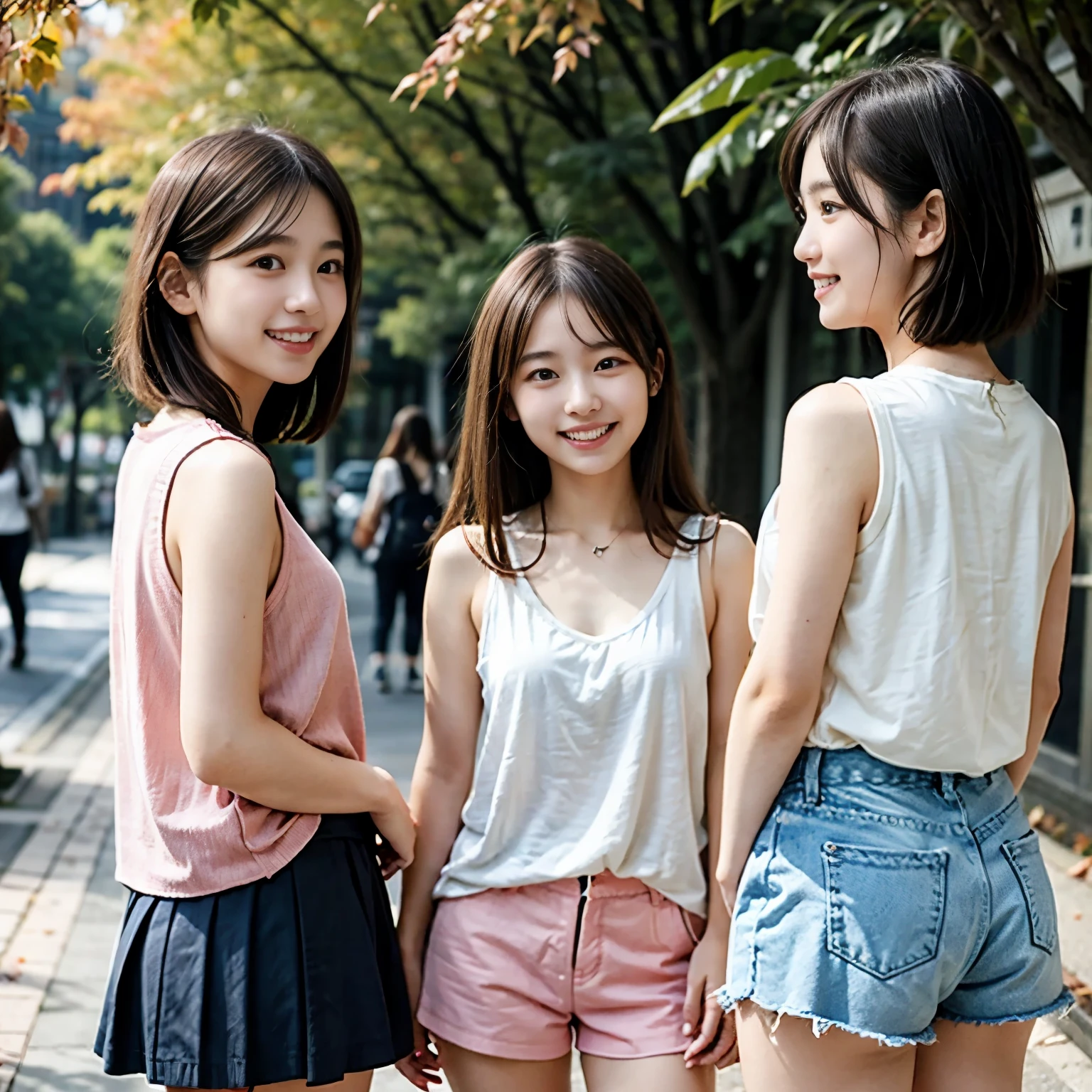 8k、Best image quality、Masterpiece、autumn、Three Japanese high school girls meet their friends at。They talk happily、Short Hair、White sleeveless blouse、Pink shorts, Fine grain、Face close-up、[profile、Beautiful back