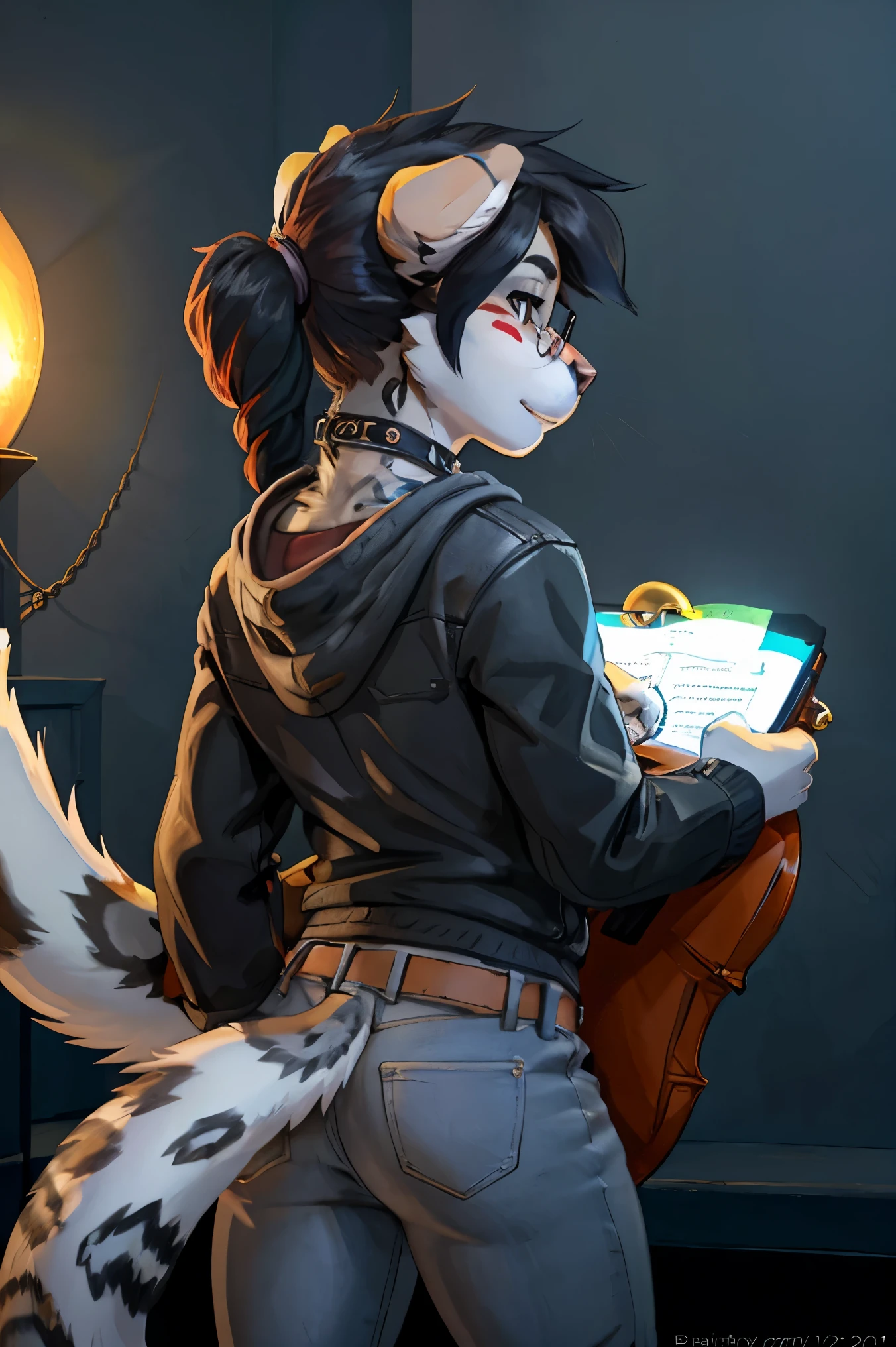 an anime anthropomorphic snow leopard, with a black cut hoody and blue jeans, furry art!!!, furry art, furry artist, anthro cat, fursona furry art commission, very very beautiful furry art, furry fursona, an anthro cat, fursona art, pov furry art, furry character, fursona wearing stylish clothes, female fursona, gay, professional furry drawing, snow leopard, felid, feline, felis, mammal, alternative fashion, anthro, bell, belt, brown eyes, blush, bottomwear, bottomwear down, butt, bubble butt, cello, clothed, clothing, collar, denim, denim bottomwear, denim clothing, dipstick ears, dipstick fingers, dipstick tail, ear markings, eyewear, femboy, feminine male, feminine body, fur, glasses, grey leopard body, black long hair in a ponytail, jeans, jeans down, legwear, looking at viewer, looking back, looking back at viewer, lowered pants, male, markings, pants, pink nose, punk, raised tail, showing butt, simple background, smile, solo, hoody jacket, gray leopard, spots, spotted markings, string thong, tail, tail markings, thong, topwear, underwear