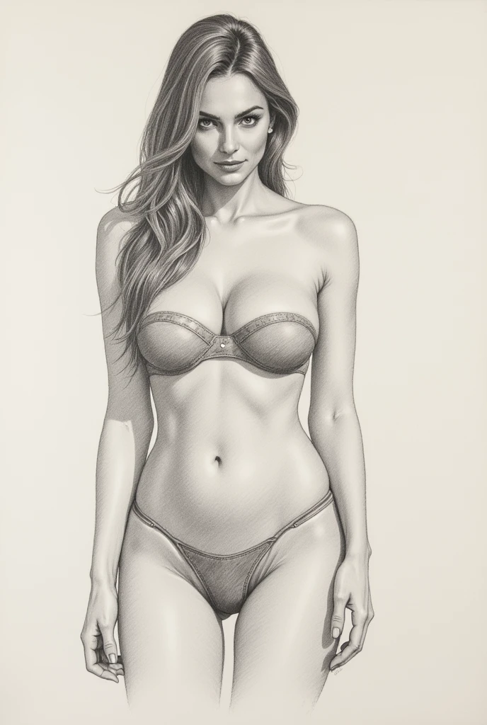 A delicate, watercolor paint picture portrays, a nude beautiful Natalie Portman look, medium breasts, standing bare feet without background, her features rendered in subtle shading and precise lines. The framing is tight, focusing attention on the subject's serene face. Soft, feathery strokes convey the gentle texture of her hair,