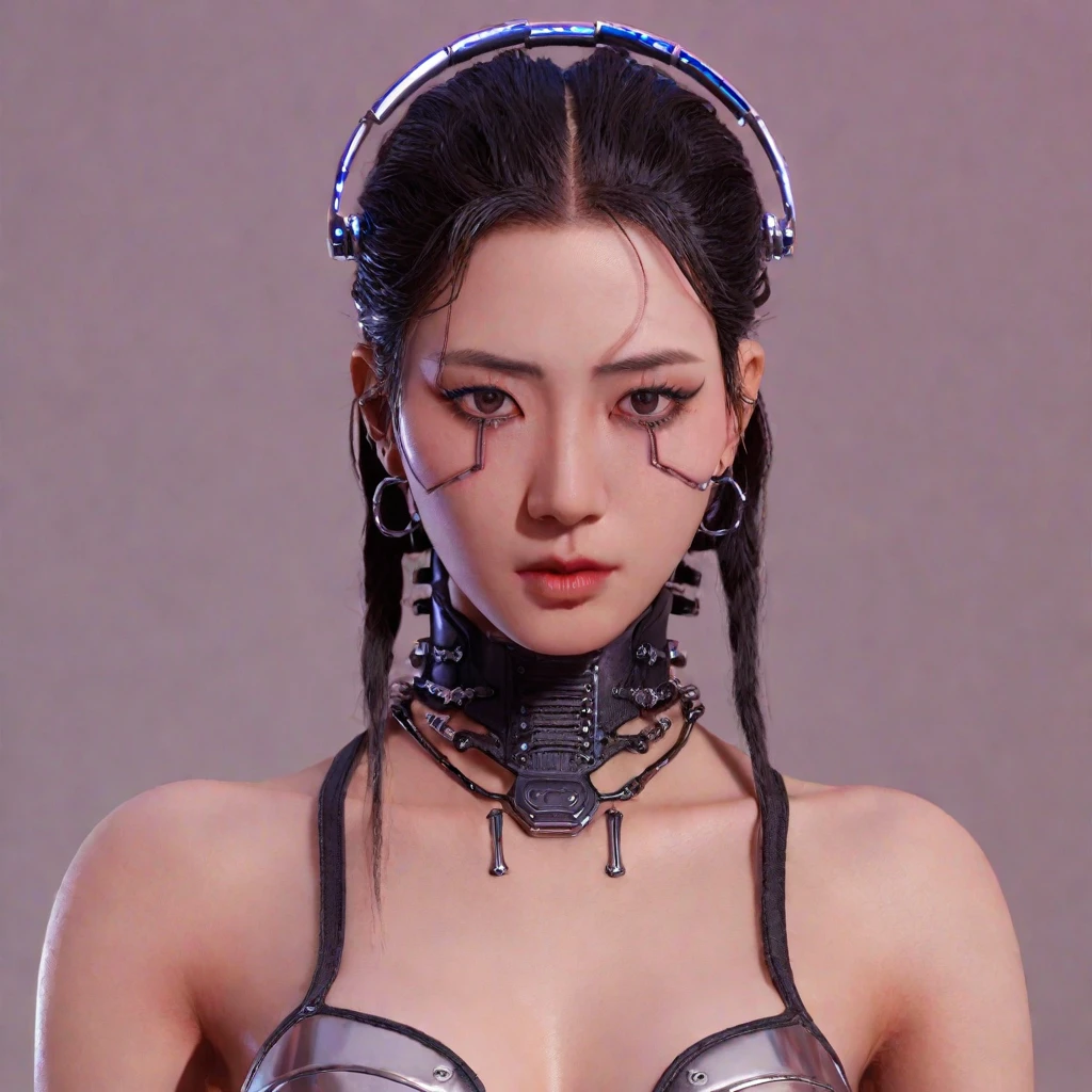 A stunning 4K photo-realistic image of a cyberpunk demi-human girl with an Asian face. Her visage is adorned with intricate machine implants, including a sleek silver visor that covers her eyes, revealing only a small slit for vision. These implants enable advanced sensory input and communication with her cybernetic systems.

Her skin is pale, with visible scars that tell a story of her past battles and a faint line where her flesh meets the cold metal of her implants. The seams are barely noticeable, indicating skilled integration between her organic and mechanical components.

Her hair is black, spiked up in an aggressive yet stylish manner. Small LED lights are integrated into the strands, flickering with various colors to match her mood. The hair is a statement piece, reflecting her rebellious spirit. The overall atmosphere of the image is captivating, photo, her body is embedded with mechanical implants under the skin, cyborg arms,  cyberware lines embedded in her face, , (Photorealsitic)、(intricate detailes:1.2)、(​masterpiece、:1.3)、beauty face, (top-quality:1.4)、(超A high resolution:1.2)、超A high resolution、(A detailed eye)、(detailed facial features), ((Realistic lighting、top-quality、8K、natural light, ​masterpiece:1.3))、bright photo, Clear focus:1.2、1girl in、flawless beauty:1.4、Superfine Face、big Narrow-eyed、double eyelid、photos realistic, perfect eyes, perfect skin, detailed skin, detailed face, looking viewer, front view, potrait, raw photo, simple soft pink background, (intricate detailed skin textured:1.4) front view, looking viewer, clear face, 1 girl、porate、Bright and very beautiful face、beautiful girl, A stunning close-up portrait showcasing the beauty of a Korean model. The composition features soft, natural lighting , bright eyes, and striking cheekbones.