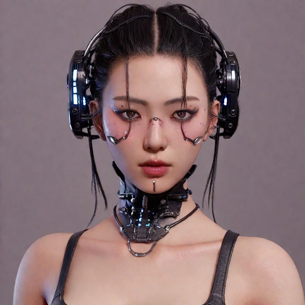 A stunning 4K photo-realistic image of a cyberpunk demi-human girl with an Asian face. Her visage is adorned with intricate machine implants, including a sleek silver visor that covers her eyes, revealing only a small slit for vision. These implants enable advanced sensory input and communication with her cybernetic systems.

Her skin is pale, with visible scars that tell a story of her past battles and a faint line where her flesh meets the cold metal of her implants. The seams are barely noticeable, indicating skilled integration between her organic and mechanical components.

Her hair is black, spiked up in an aggressive yet stylish manner. Small LED lights are integrated into the strands, flickering with various colors to match her mood. The hair is a statement piece, reflecting her rebellious spirit. The overall atmosphere of the image is captivating, photo, her body is embedded with mechanical implants under the skin, cyborg arms,  cyberware lines embedded in her face, , (Photorealsitic)、(intricate detailes:1.2)、(​masterpiece、:1.3)、beauty face, (top-quality:1.4)、(超A high resolution:1.2)、超A high resolution、(A detailed eye)、(detailed facial features), ((Realistic lighting、top-quality、8K、natural light, ​masterpiece:1.3))、bright photo, Clear focus:1.2、1girl in、flawless beauty:1.4、Superfine Face、big Narrow-eyed、double eyelid、photos realistic, perfect eyes, perfect skin, detailed skin, detailed face, looking viewer, front view, potrait, raw photo, simple soft pink background, (intricate detailed skin textured:1.4) front view, looking viewer, clear face, 1 girl、porate、Bright and very beautiful face、beautiful girl, A stunning close-up portrait showcasing the beauty of a Korean model. The composition features soft, natural lighting , bright eyes, and striking cheekbones.