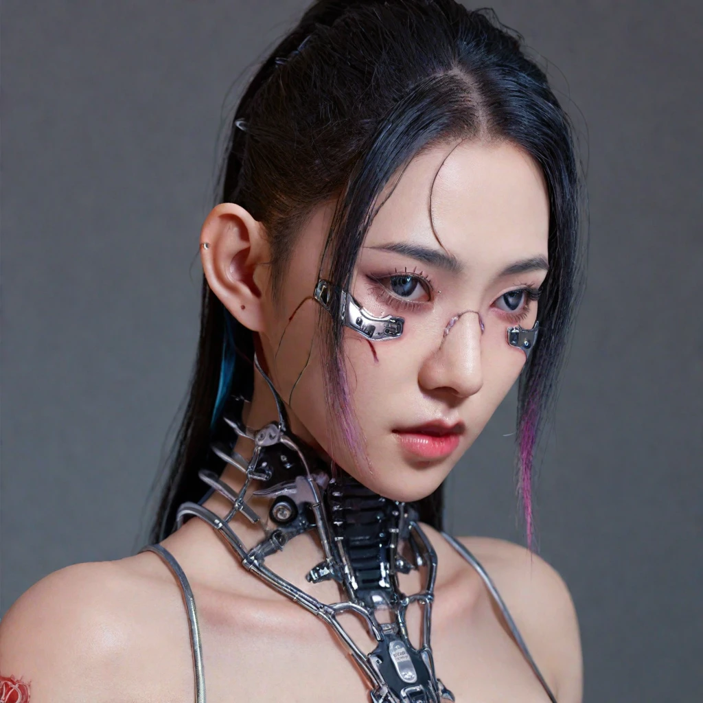 A stunning 4K photo-realistic image of a cyberpunk demi-human girl with an Asian face. Her visage is adorned with intricate machine implants, including a sleek silver visor that covers her eyes, revealing only a small slit for vision. These implants enable advanced sensory input and communication with her cybernetic systems.

Her skin is pale, with visible scars that tell a story of her past battles and a faint line where her flesh meets the cold metal of her implants. The seams are barely noticeable, indicating skilled integration between her organic and mechanical components.

Her hair is black, spiked up in an aggressive yet stylish manner. Small LED lights are integrated into the strands, flickering with various colors to match her mood. The hair is a statement piece, reflecting her rebellious spirit. The overall atmosphere of the image is captivating, photo, her body is embedded with mechanical implants under the skin, cyborg arms,  cyberware lines embedded in her face, , (Photorealsitic)、(intricate detailes:1.2)、(​masterpiece、:1.3)、beauty face, (top-quality:1.4)、(超A high resolution:1.2)、超A high resolution、(A detailed eye)、(detailed facial features), ((Realistic lighting、top-quality、8K、natural light, ​masterpiece:1.3))、bright photo, Clear focus:1.2、1girl in、flawless beauty:1.4、Superfine Face、big Narrow-eyed、double eyelid、photos realistic, perfect eyes, perfect skin, detailed skin, detailed face, looking viewer, front view, potrait, raw photo, simple soft pink background, (intricate detailed skin textured:1.4) front view, looking viewer, clear face, 1 girl、porate、Bright and very beautiful face、beautiful girl, A stunning close-up portrait showcasing the beauty of a Korean model. The composition features soft, natural lighting , bright eyes, and striking cheekbones.