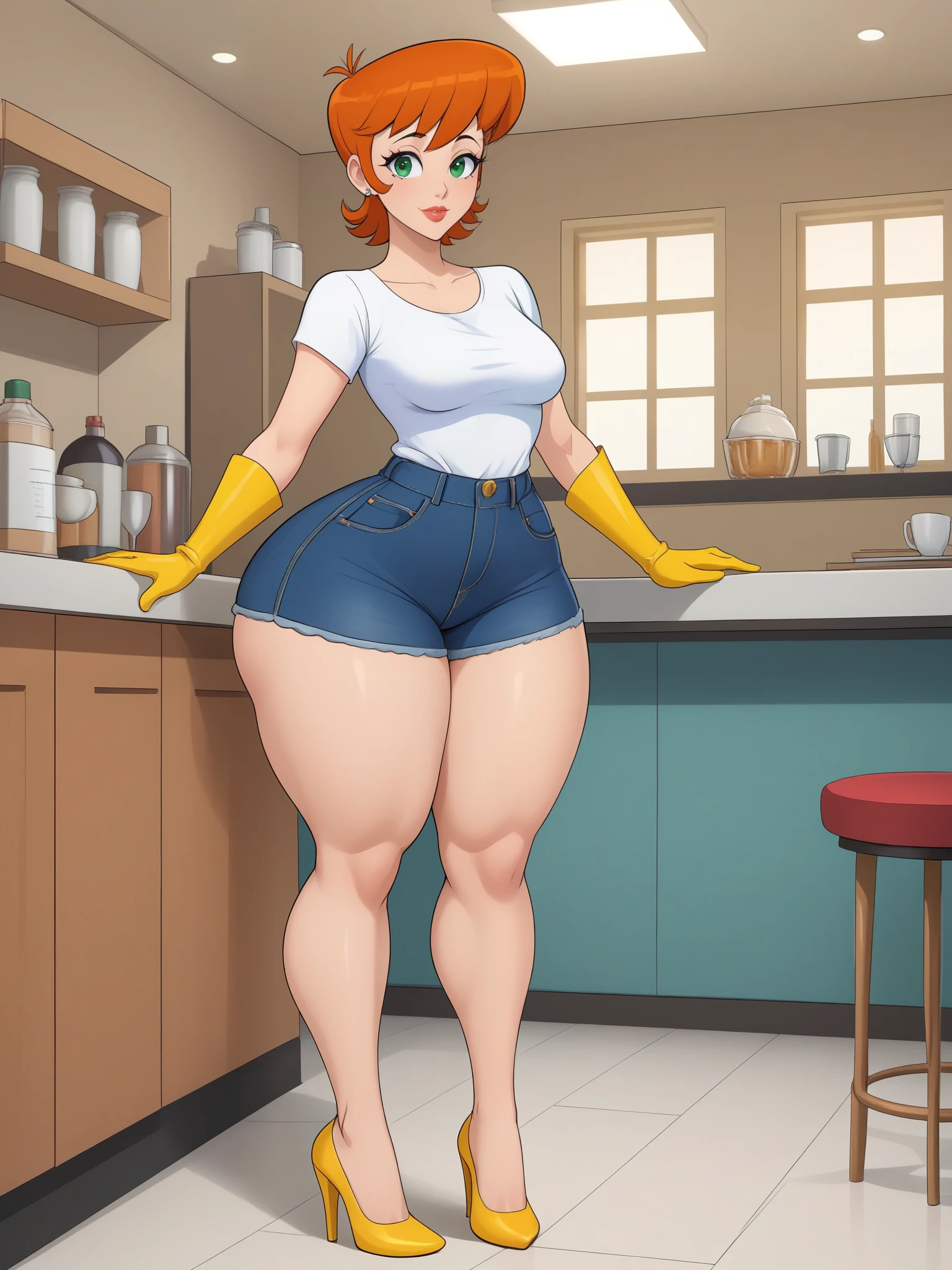 Dexter's mom. short hairstyle. ginger. green eyes. small saggy breasts. huge hips. yellow gloves. shirt. jeans. heels. cafe