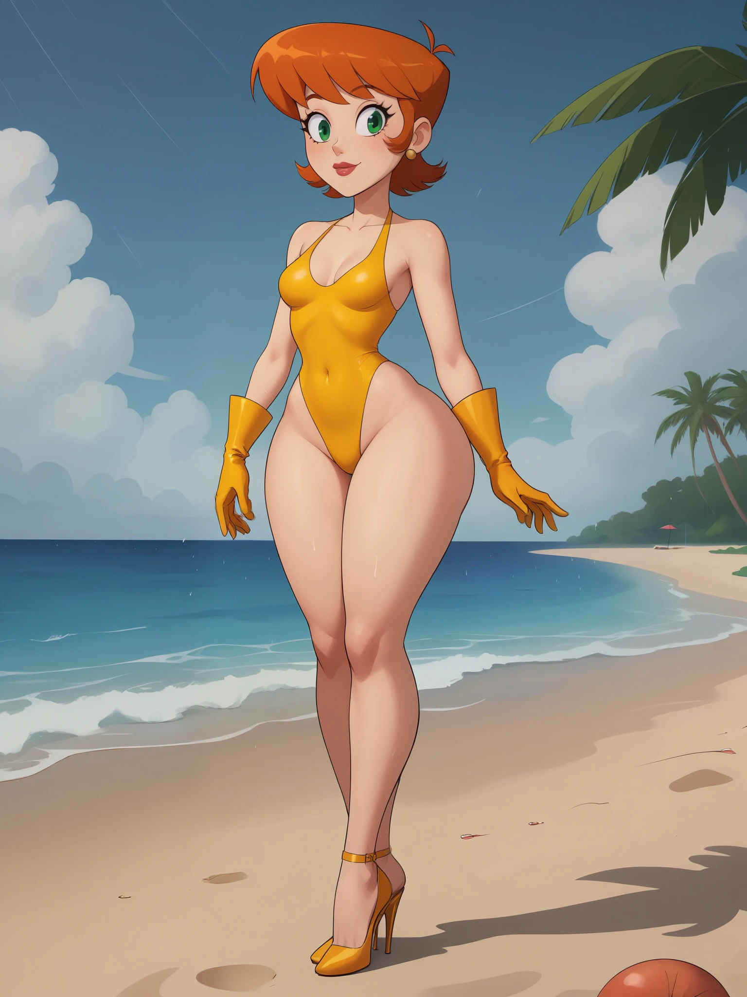 Dexter's mom. short hairstyle. ginger. green eyes. small saggy breasts. huge hips. yellow gloves. swimsuit. heels. beach. rain