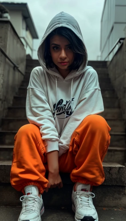 1 girl, 32k, 8k, 4k, hdr, uhd, realistic photo, hyper detailed, a young woman, short black hair, threatening, worrying, sure of herself, fixed gaze, wears a white sweatshirt, her hood covers the top of her face barely revealing its gaze, wide orange sweatpants, white high-top sneakers, sitting on concrete stairs, background of a very dimly lit city, heavy atmosphere, night, foggy weather, surprising details, 