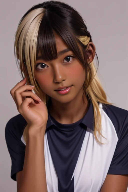 (((( one girl )))), Put your hand over your mouth、Beautiful breasts、 Brown eyes, ((Gal Hairstyles)) blonde, girl, (Eye and facial details:1.0), break, (masterpiece, Highest quality, Very detailed, Detailed face, 8k),( dark skin:2.05 ), (((( volleyball uniform )))),( open mouth ),(((( thick lips ))))