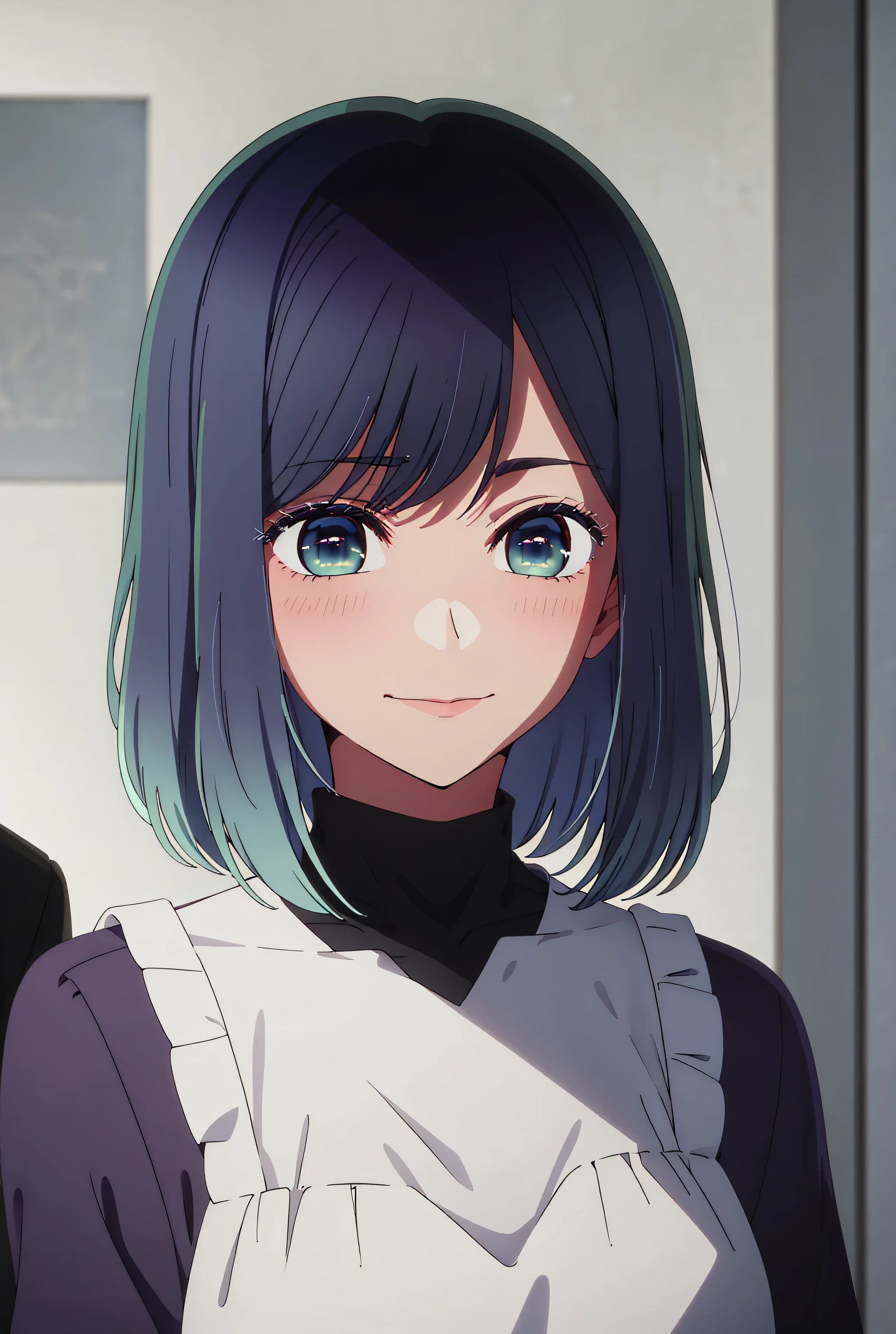masterpiece, best quality, 1 girl, alone, smile, blushing, beautiful, purple dress, blue hair, short hair, looking at viewer, green eyes, black, short hair, faded hair, blue eyes, bedroom background