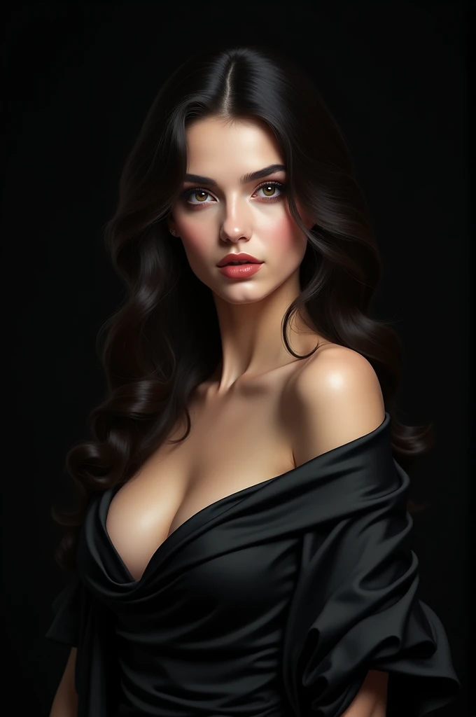 Close up head shot portrait,(best quality,4k,Alto:1.2),ultra-detalhado,Realistic, photo, professional, studio lighting, vivid colors, sharp focus, Physically-based rendering,HDR, extremely detailed eyes and face, beautiful detailed lips, long eyelashes,big massive ,(exposed cleavag satin shirt :1.3),pokie nipples, Actriz Blakely, woman 30 years old,black hair, Looking at the Viewer