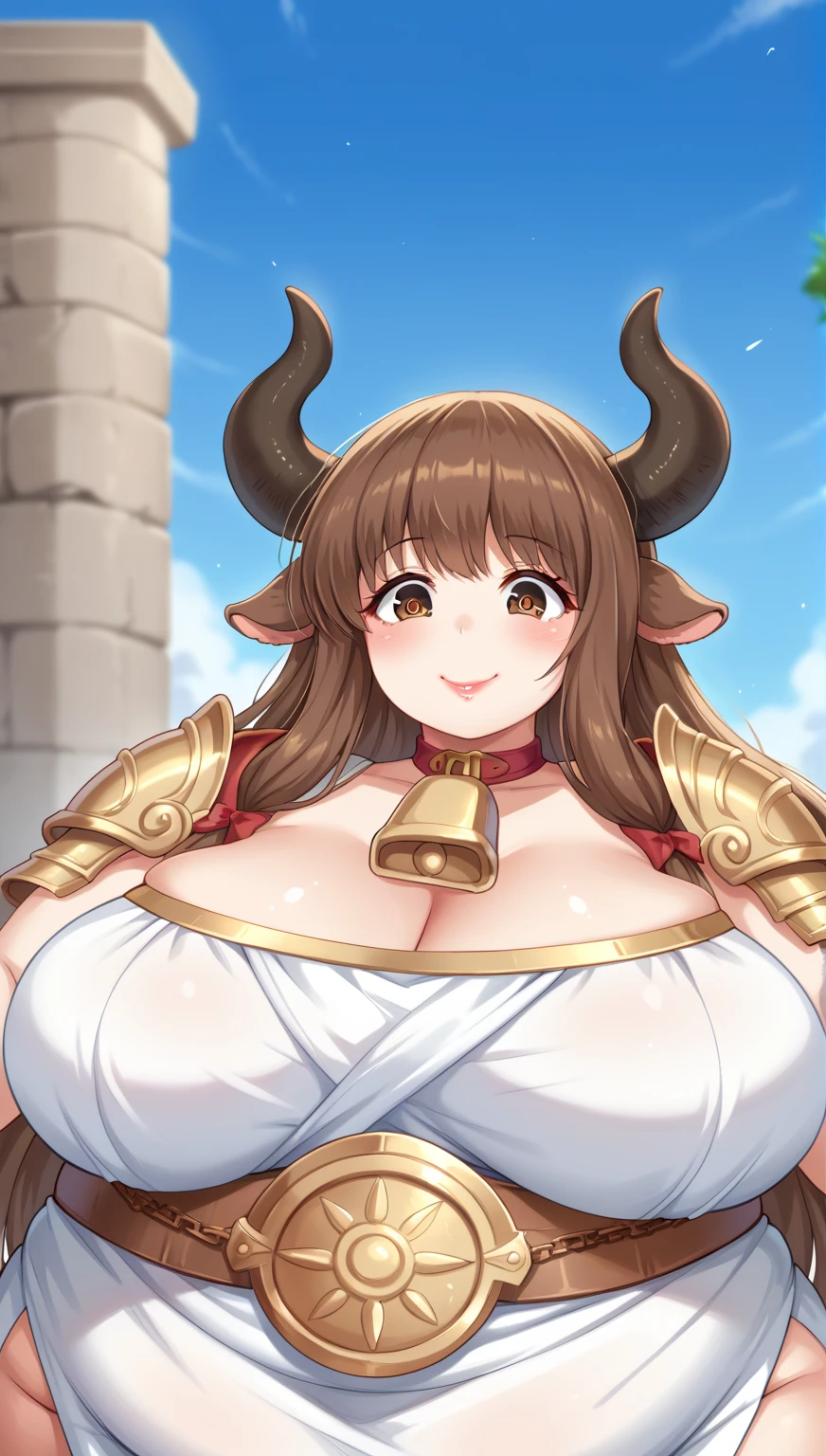 a sexy morbidly obese ssbbw anime woman, 1girl, female, milf, older, lipstick, extremely detailed fat legs, beautiful detailed eyes, beautiful detailed lips, ((wearing greek armor)), ((fully clothed)), ((wearing toga)), wearing cow bell, cow legs, hooved feet, bull horns, bull ears, brown anime eyes, human face, moe eyes, ecstatic expression, smiling, aroused, massive breasts, massive belly, human figure, pale skin, extremely detailed eyes and face, long eyelashes, short brown hair, brown eyes, extremely detailed skin texture, dynamic pose, running, extreme depth of field, vibrant colors, masterpiece, highly detailed, face takes pov, wandering inside labyrinth. BACKGROUND LABYRINTH, stone walls, looking directly at viewer 