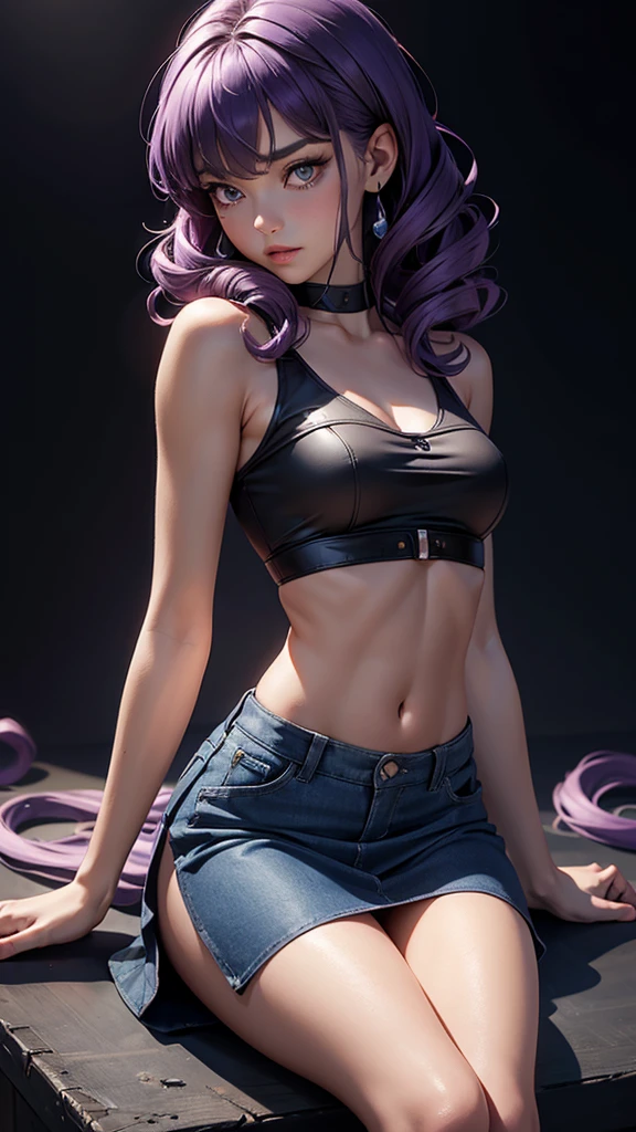 (masterpiece), (best quality), (detailed), light layer, 1solo girl, young girl, perfect body, purple hair in curls, defined large chest, small waist,defined collarbone, ultra realistic, photorealistic, detailed, ,Enhance, wearing a blue Black Double Layer Slinky Twist Crop Top, blue short mini skirt, studio background, seated, with her body turned away from the camera, head tilted slightly as she looks back over her shoulder. Her shoulder should be slightly exposed, emphasizing the playful and mysterious nature of the pose.
