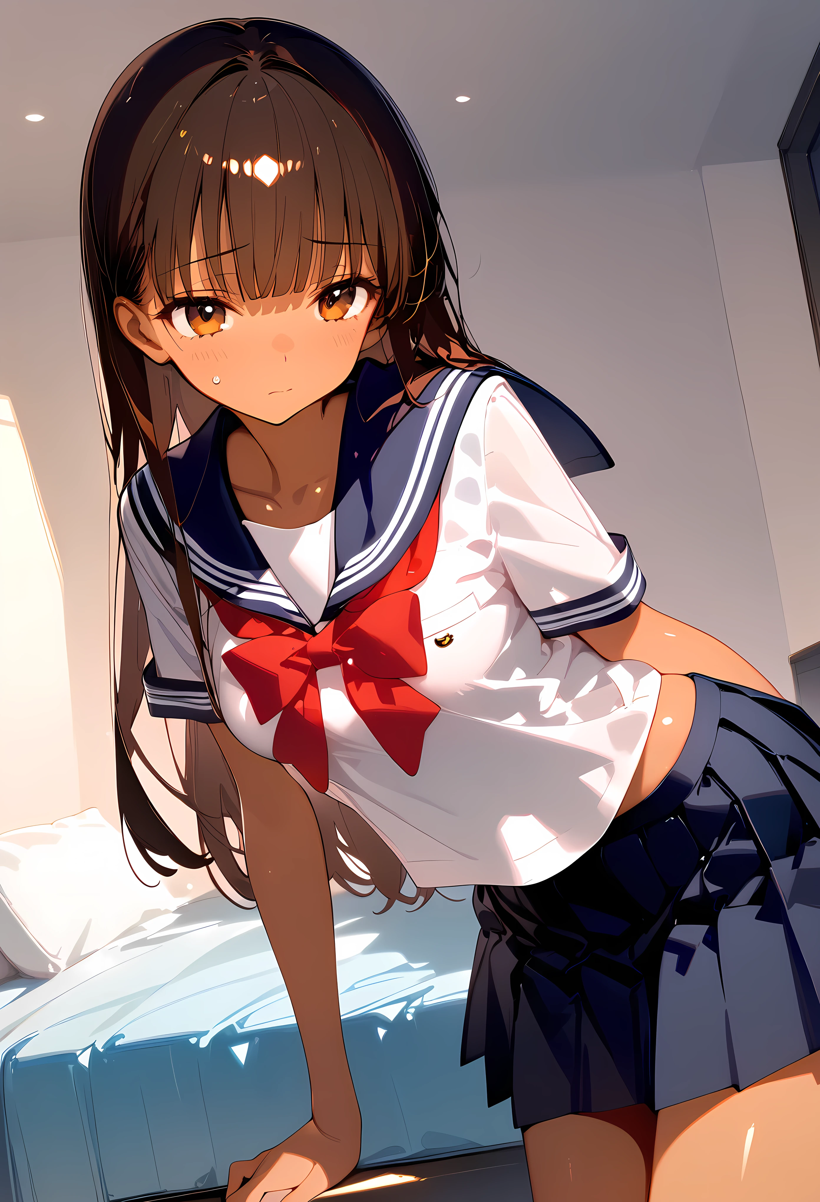 ((masterpiece,best quality anime:1.3,Best Quality)),cowboy shot,portrait,1woman,( adult),long straight hair,bangs,brown hair,((very small head:1.4)),brown eyes,gorgeous eyes,shy,medium breasts,((very long body:1.4,tan skin)),(School uniform、Sailor suit、Navy blue sailor collar、red bow,Navy blue pleated skirt),slender body,skinny,shiny body,standing,Simple bed、Simple bedroom,from front,