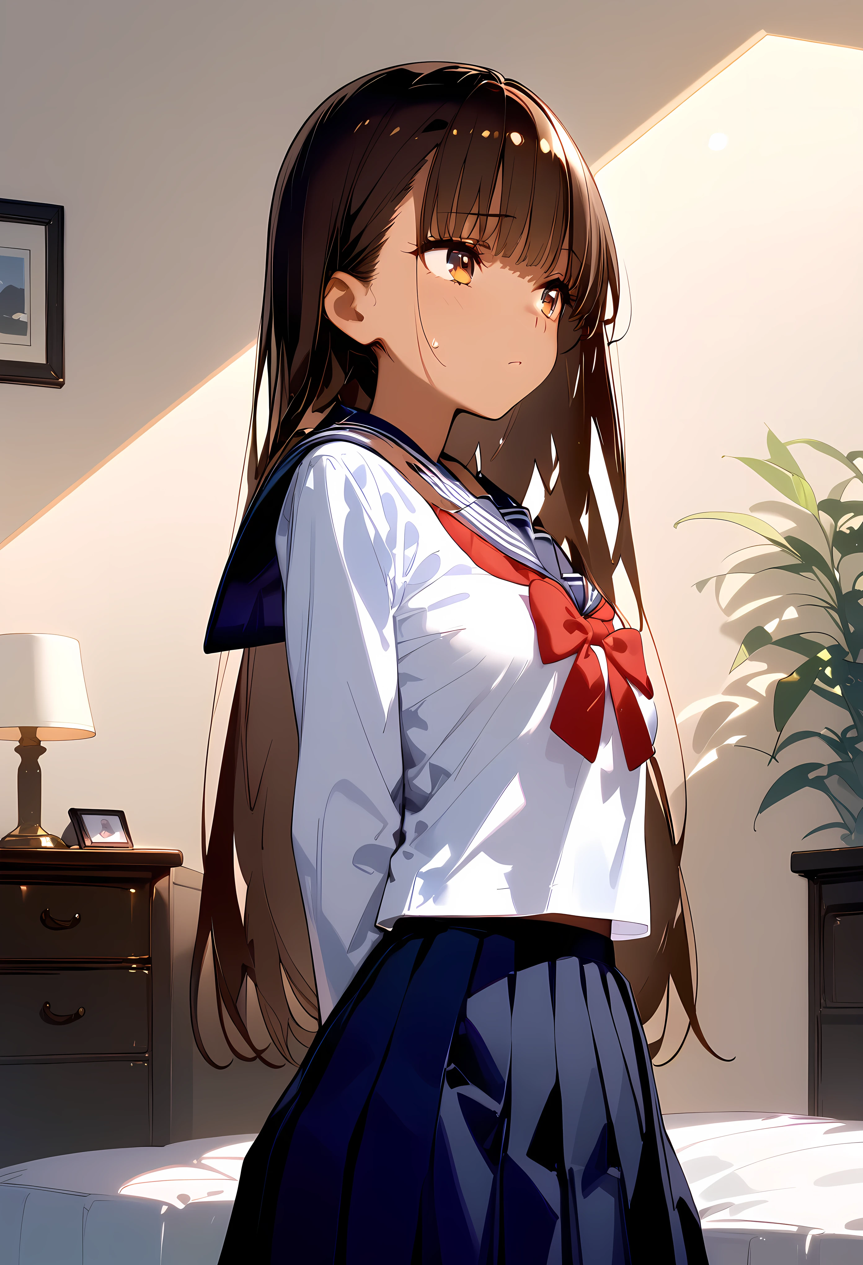 ((masterpiece,best quality anime:1.3,Best Quality)),cowboy shot,portrait,1woman,(young adult),long straight hair,bangs,brown hair,((very small head:1.4)),brown eyes,gorgeous eyes,shy,medium breasts,((very long body:1.4,tan skin)),(School uniform、Sailor suit、Navy blue sailor collar、red bow,Navy blue pleated skirt),slender body,skinny,shiny body,standing,Simple bed、Simple bedroom,from front,