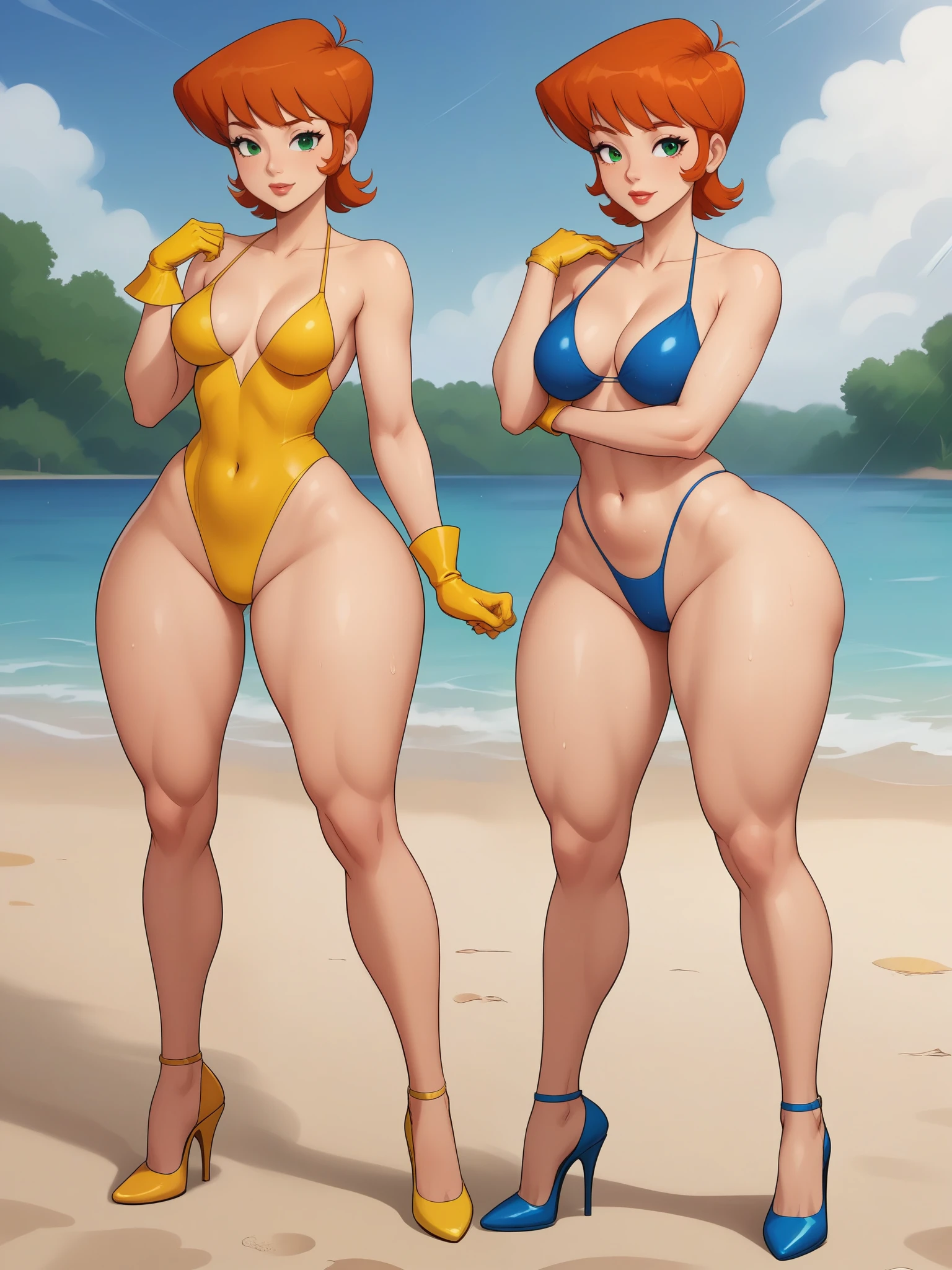 Dexter's mom. short hairstyle. ginger. green eyes. small saggy breasts. huge hips. yellow gloves. swimsuit. heels. beach. rain