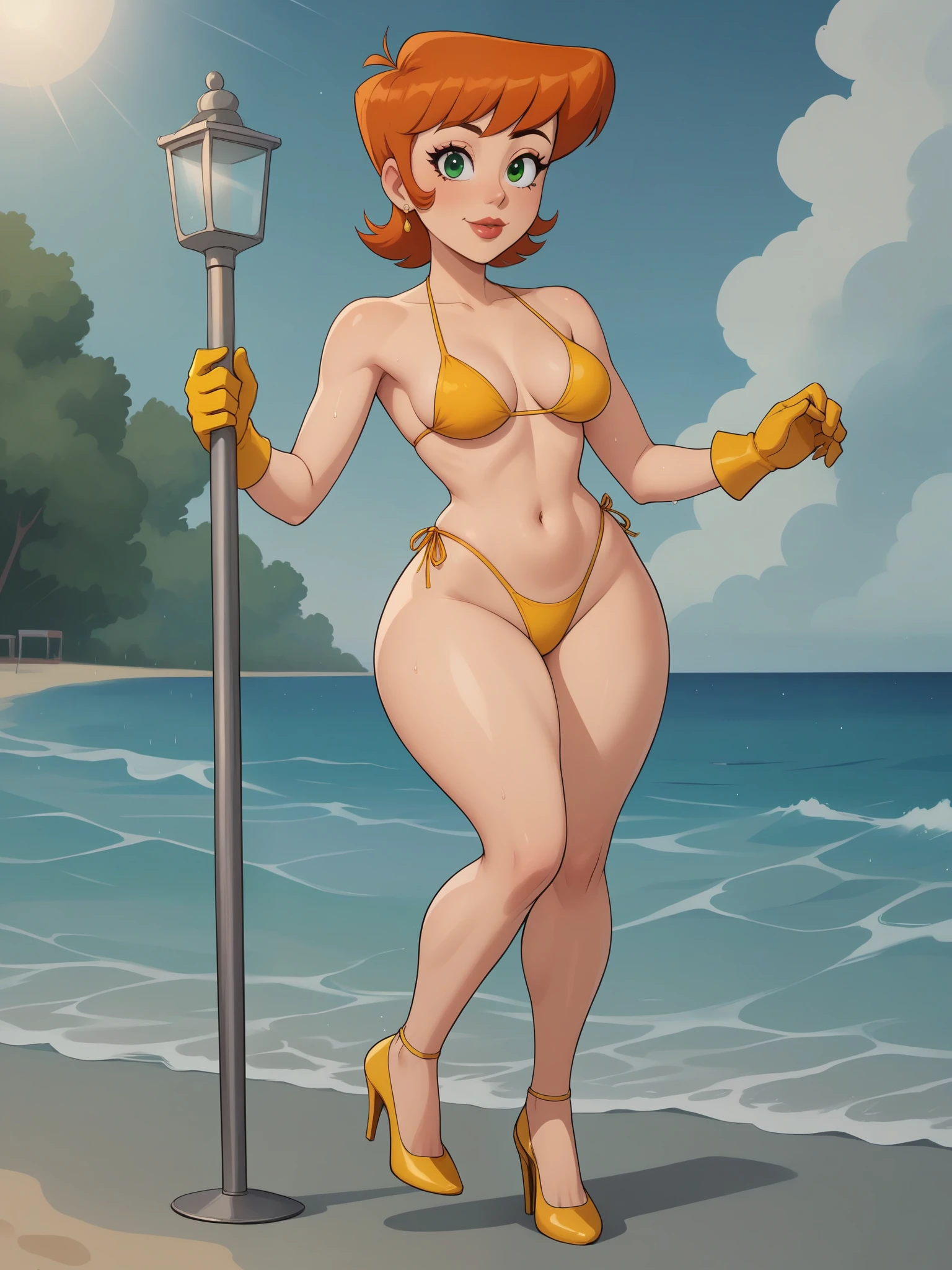 Dexter's mom. short hairstyle. ginger. green eyes. small saggy breasts. huge hips. yellow gloves. swimsuit. heels. beach. rain