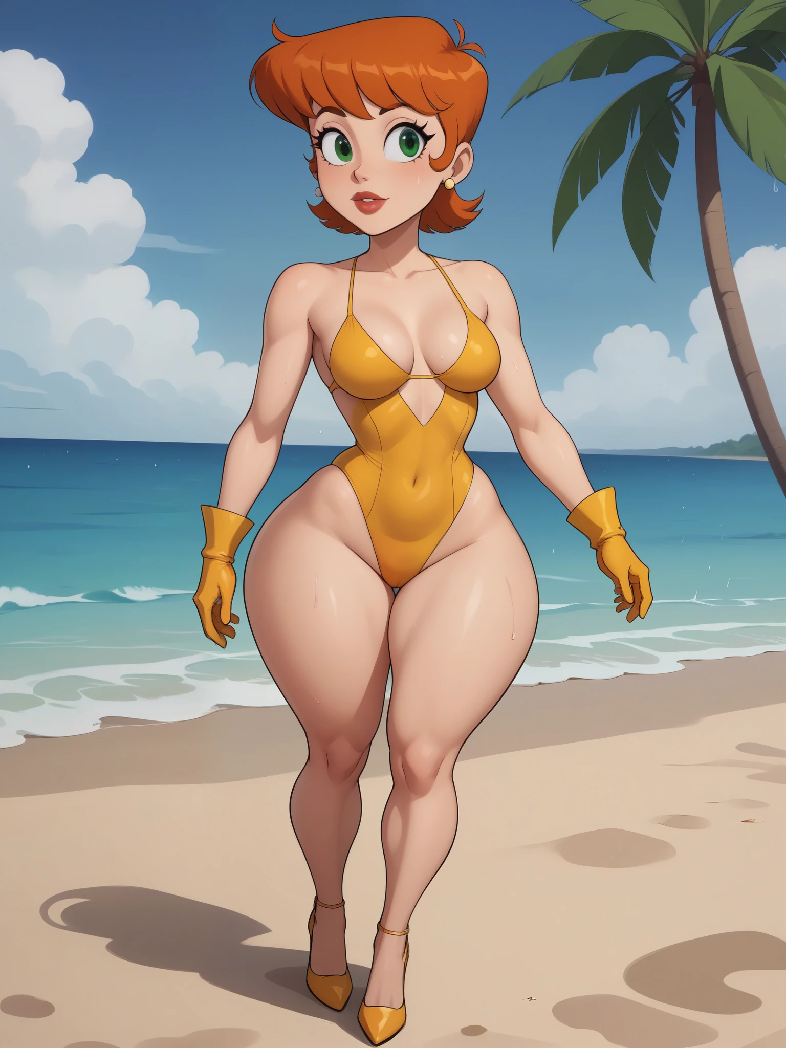 Dexter's mom. short hairstyle. ginger. green eyes. small saggy breasts. huge hips. yellow gloves. swimsuit. heels. beach. rain