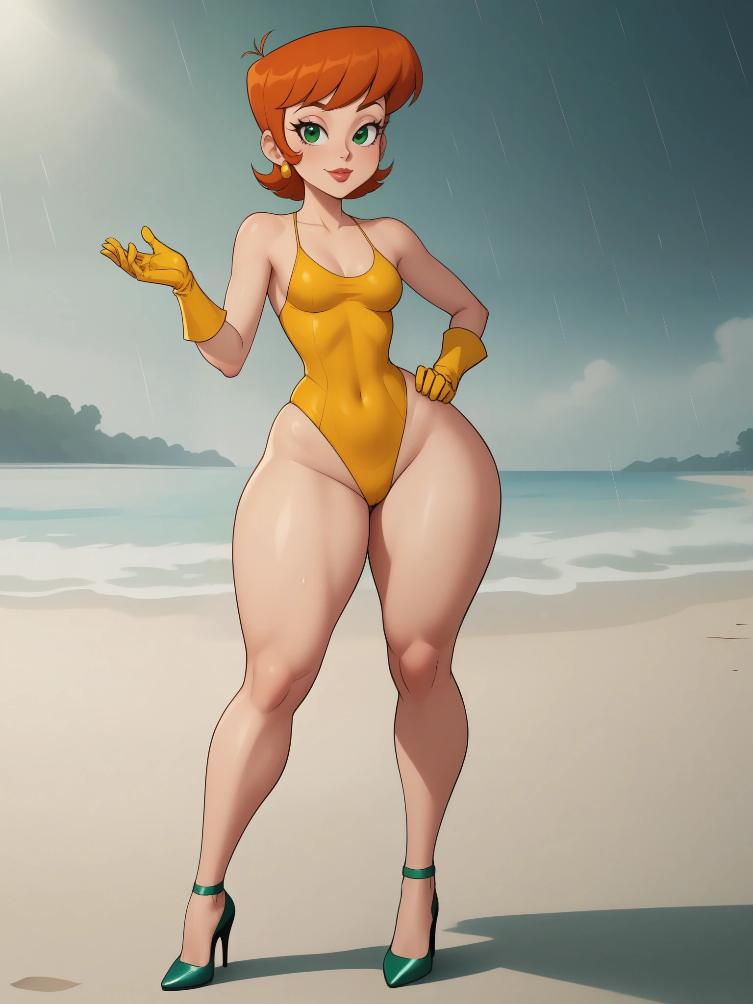 Dexter's mom. short hairstyle. ginger. green eyes. small saggy breasts. huge hips. yellow gloves. swimsuit. heels. beach. rain