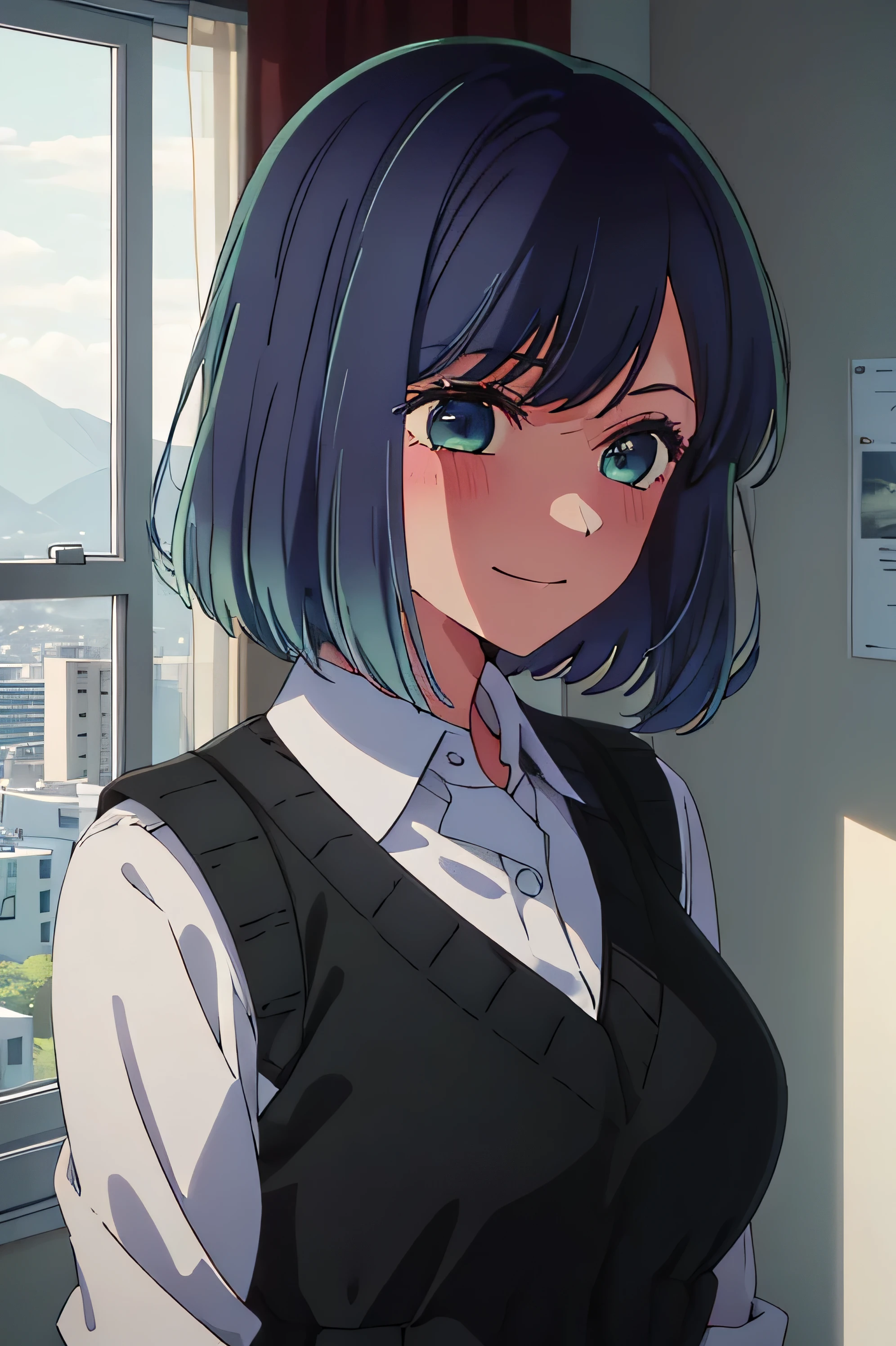 masterpiece, best quality, 1 girl, alone, smile, blushing, beautiful, purple dress, blue hair, short hair, looking at viewer, green eyes, black, short hair, faded hair, blue eyes, bedroom background