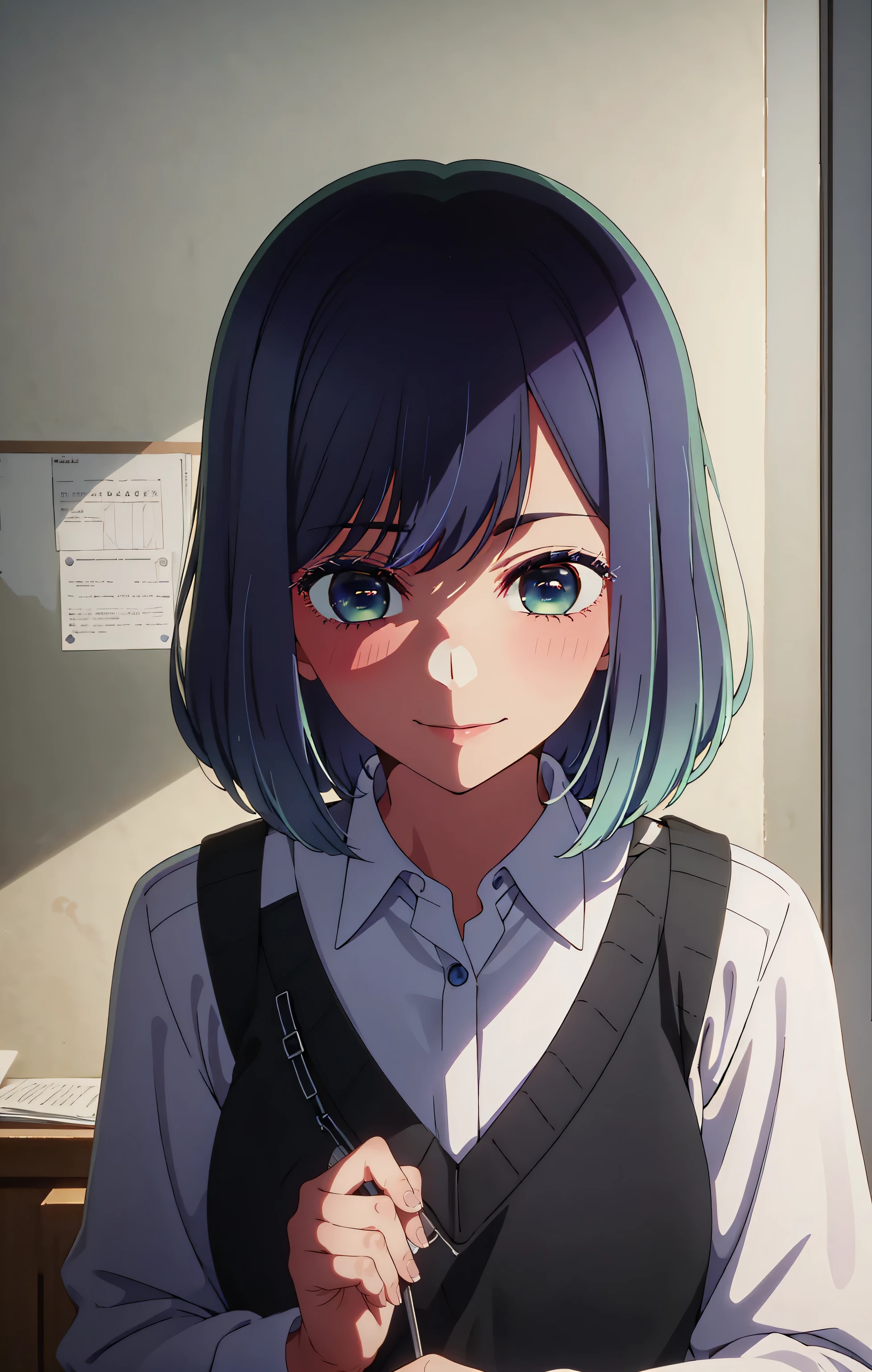 masterpiece, best quality, 1 girl, alone, smile, blushing, beautiful, purple dress, blue hair, short hair, looking at viewer, green eyes, black, short hair, faded hair, blue eyes, bedroom background