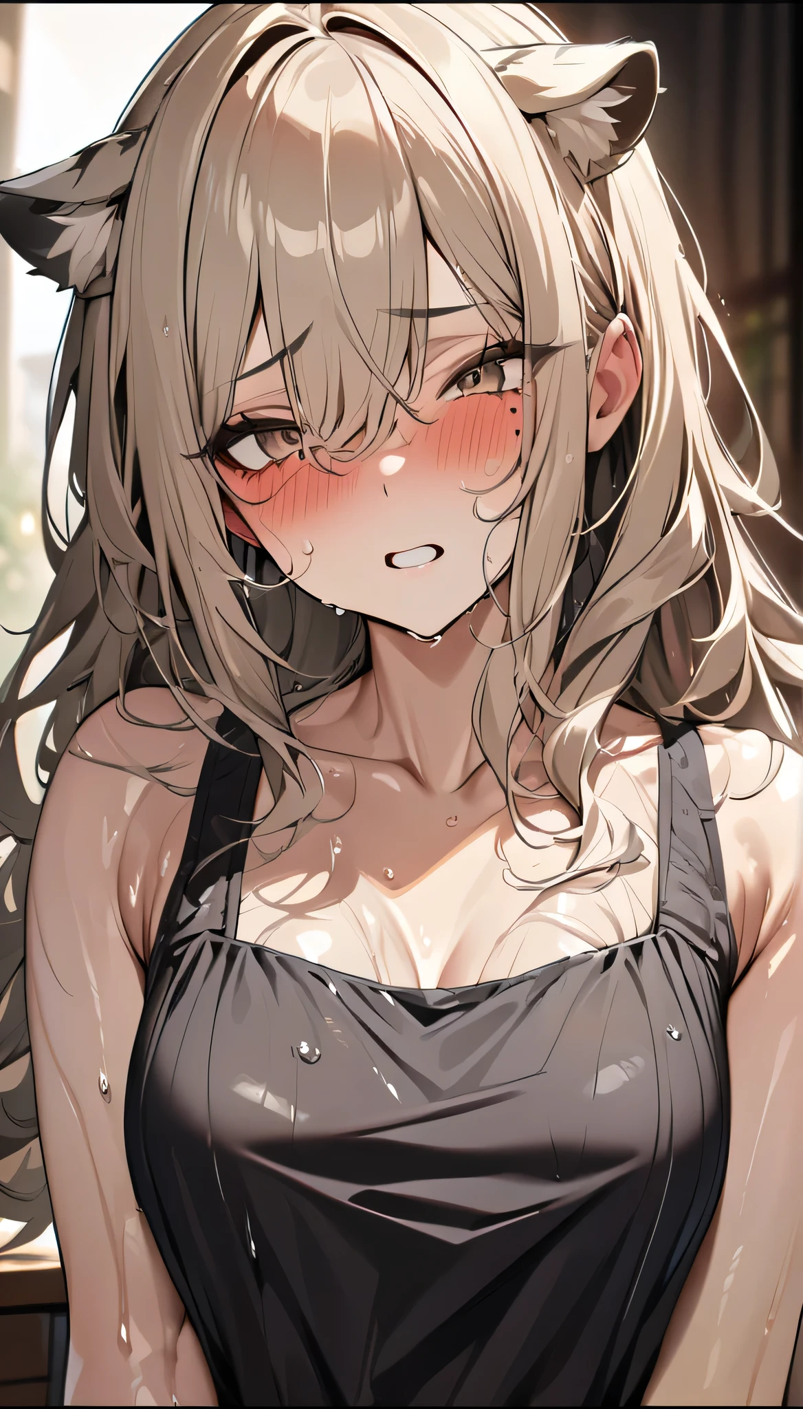 ( on breast: 1.3), Arms behind, platinum-blonde, Medium Hair, masutepiece, upper angle, Camera gaze, One girl, Cute, slender, Black Bikini, Big, drooping chest, thin waist, full of sweat, Bright, Glowing skin, depth of fields, Sharp Focus, Detailed eyes, Red Eyes, clear pupils, Realistic eyes, Delicate facial features, High resolution, (Hyper Detail: 1.2), trembling, anguish, mournful smile, Restraint, Shyness, (Teary eyes: 1.5), (thick thighs: 0.4), Micro Bikini, Micro Bikini