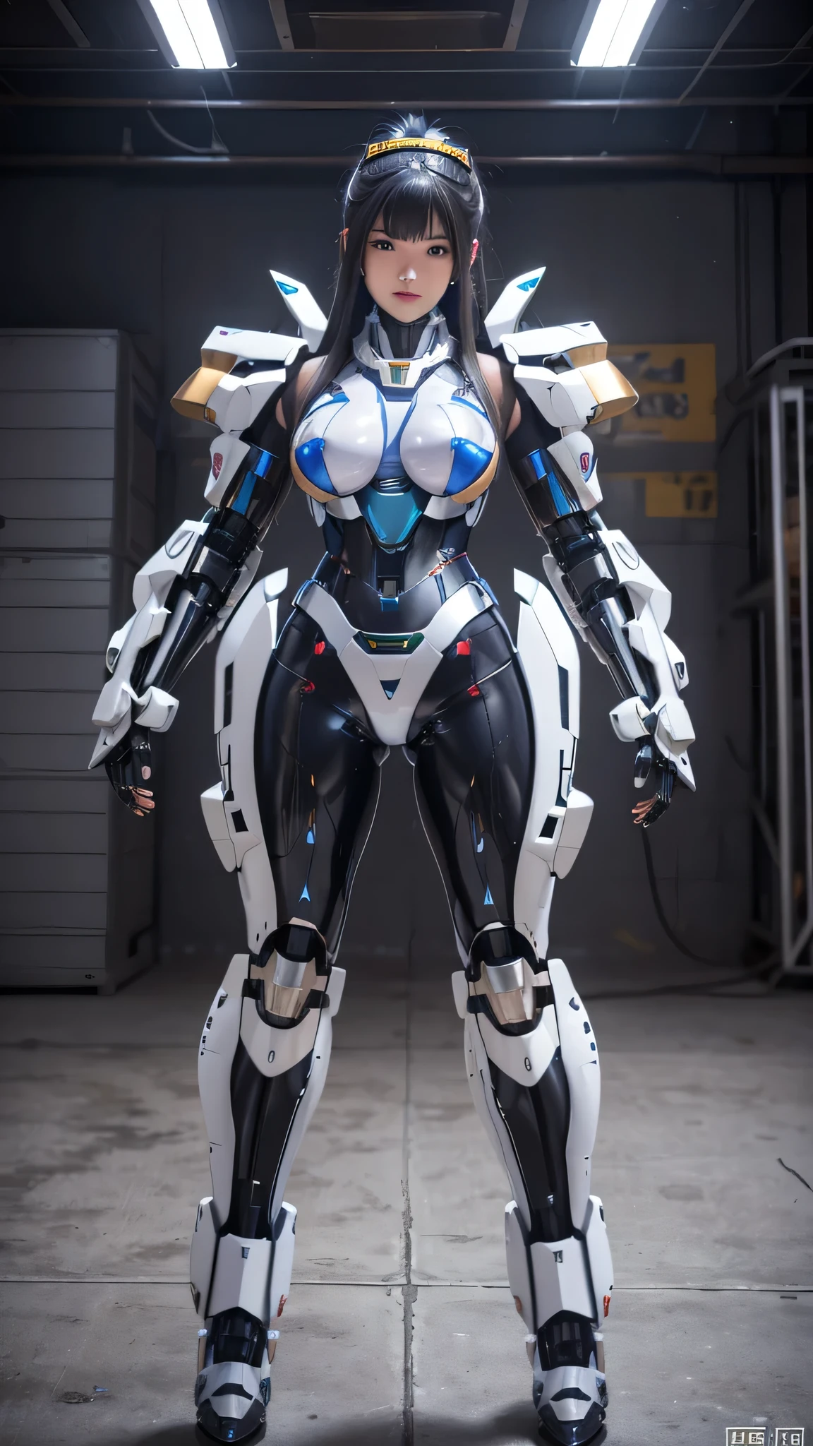 female robocop solo、bright outdoors、strong light source、8K, high quality, masterpiece, 最high quality、very detailed、Armor that completely covers the whole body、very large armor、Helmet covering the head、clear pictures、Eyes hidden by thin straight goggles:1.3、The lower half of the face is raw:1.5、The lower half of the face is exposed、luscious lips、Clear blue and white metallic armor、Armor that completely covers the chest、thin and long legs、Vibrant posel body view,big and full breasts:1.5, (sports body:1.5)、five fingers、photos around town