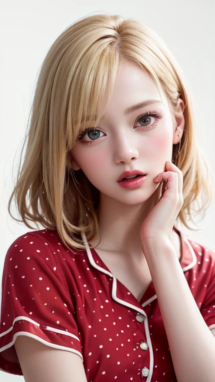 (highest quality、8k、32k、masterpiece)、(Realistic)、(Realistic:1.2)、(High resolution)、Very detailed、Very beautiful face and eyes、1 girl、Round and small face、Tight waist、Delicate body、(close、highest quality、Attention to detail、Rich skin detail)、(highest quality、8k、Oil paint:1.2)、(Realistic、Realistic:1.37)、Bright colors、(((blonde)))、(((Bust Shot)))、(((Medium Hair)))、(((Loose and fluffy perm)))、(((Pure white wall background)))、(((Pure white wall background)))、(((Red pajamas、Short sleeve)))、(((Sleepy look)))、(((Hide your mouth with your left hand)))、(((Yawning)))、(((Blonde)))、(((Polka dot pajamas)))、(((Red pajamas)))、(((Clothes with red polka dots)))