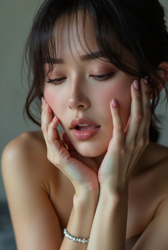 A sensual Japanese woman sticking out her tongue, drooling, making a peace sign with both hands, eyes slightly closed, in a full nude M-shaped leg spread pose, (best quality,4k,8k,highres,masterpiece:1.2),ultra-detailed,(realistic,photorealistic,photo-realistic:1.37),hyper detailed skin, extremely detailed face, intricate details, flawless skin, beautiful detailed eyes, beautiful detailed lips, extremely detailed eyes and face, long eyelashes, cinematic lighting, soft lighting, warm color tones, natural skin tones, glowing skin, highly detailed