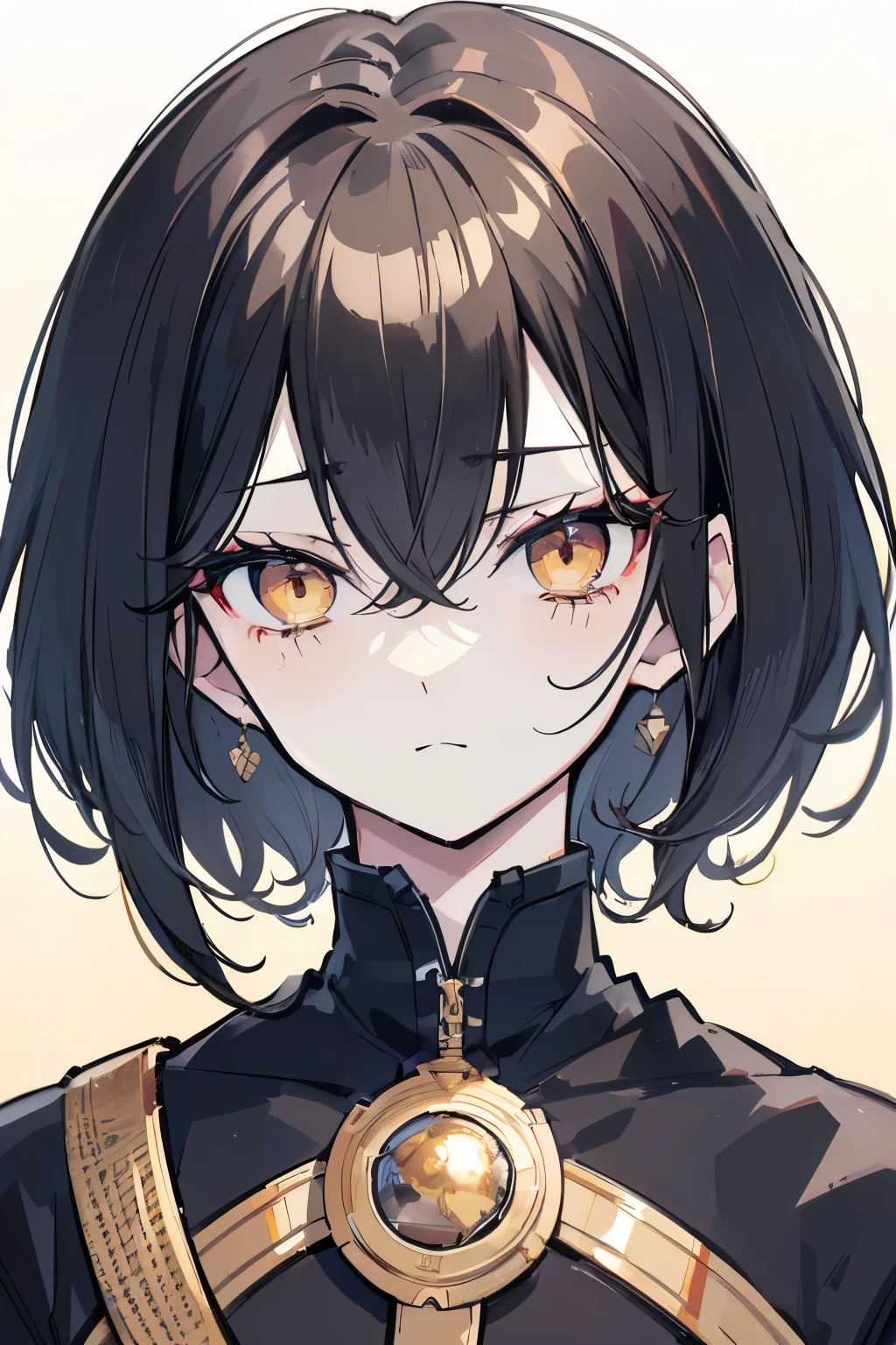 High resolution, Best Quality, masterpiece, Ultra-precision,Character Portrait,1人のmale性,(((male))), solo,(((adult))),Look at, Good looking face,((Black Hair)),Very Short Hair,Kakiage Bangs,((Golden Eyes)),Slanted Eyes,Long eyelashes,Glare, Slender figure,Simple Background,Concept Art,