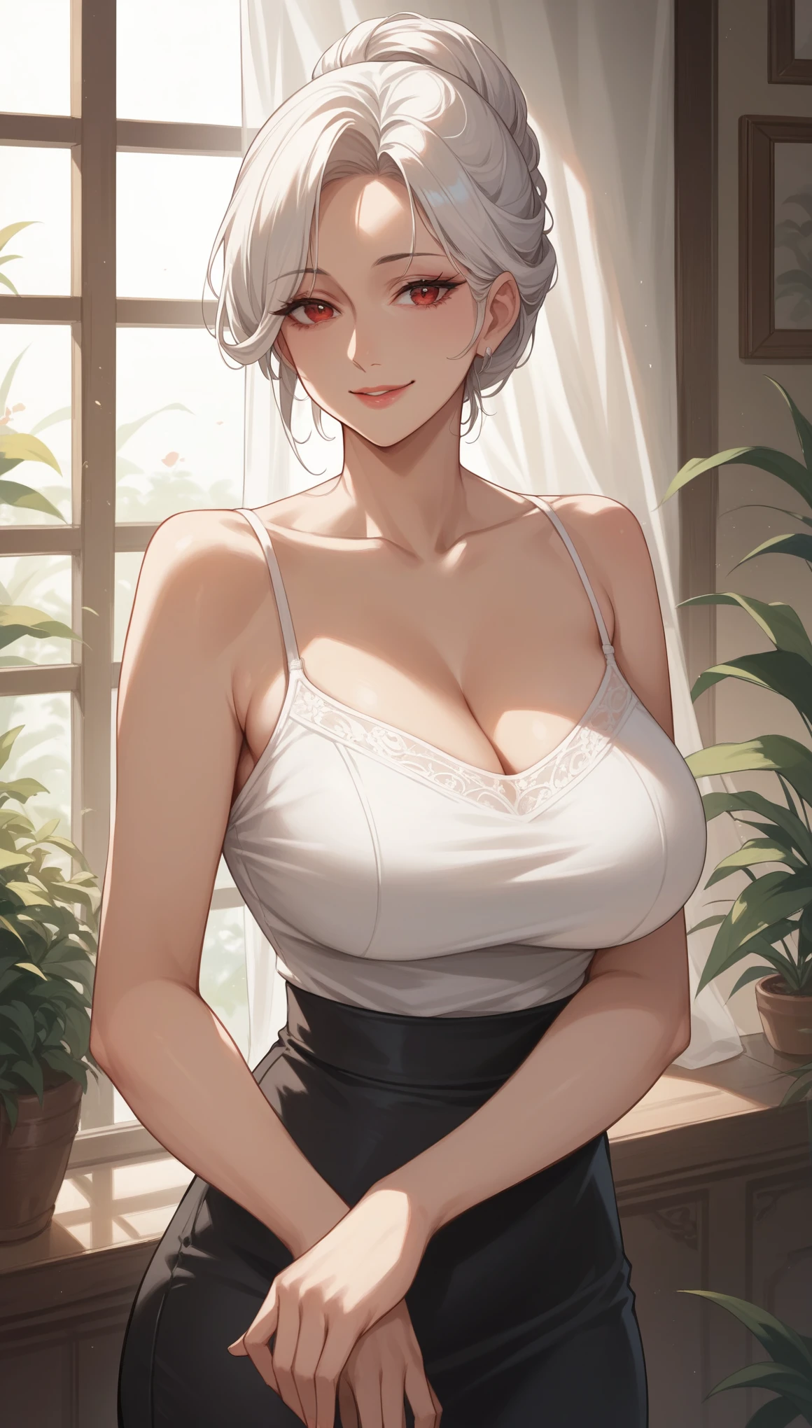 masterpiece, high resolution, beautiful detailed, white camisole, black skirt, Mature Woman:1.4, Sexy smile, long white Hair, red eyes, big_breasts, Updo, red-style room.