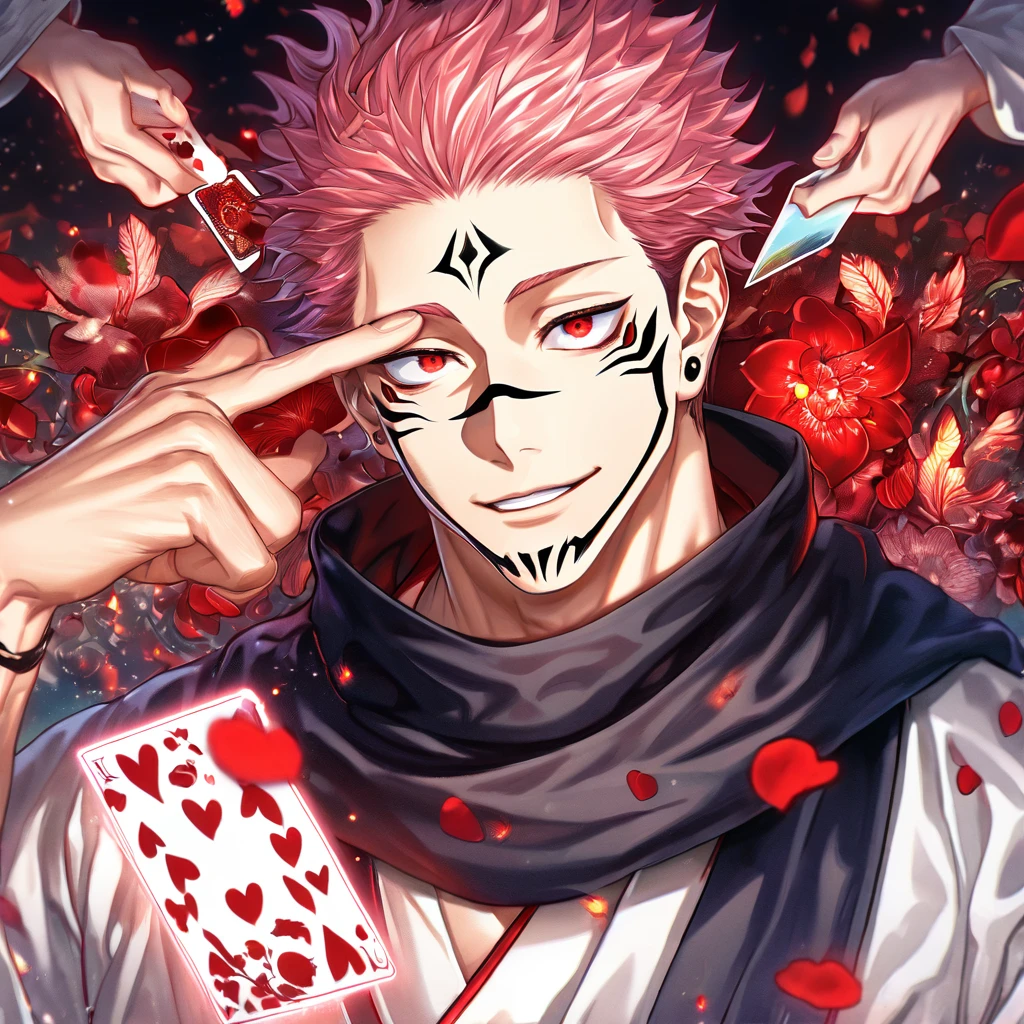 Ultra detailed, HDR, Highres, absurdres, master piece, Ryoumen Sukuna, pink hair, expressive red eyes, black scarf, white kimono, Jujutsu Kaisen, handsome, man, solo, bones, red blood water, fantasy, magical, red aura, inner domain, skulls, red petals, handsome smile, best quality, red moon, red flowers