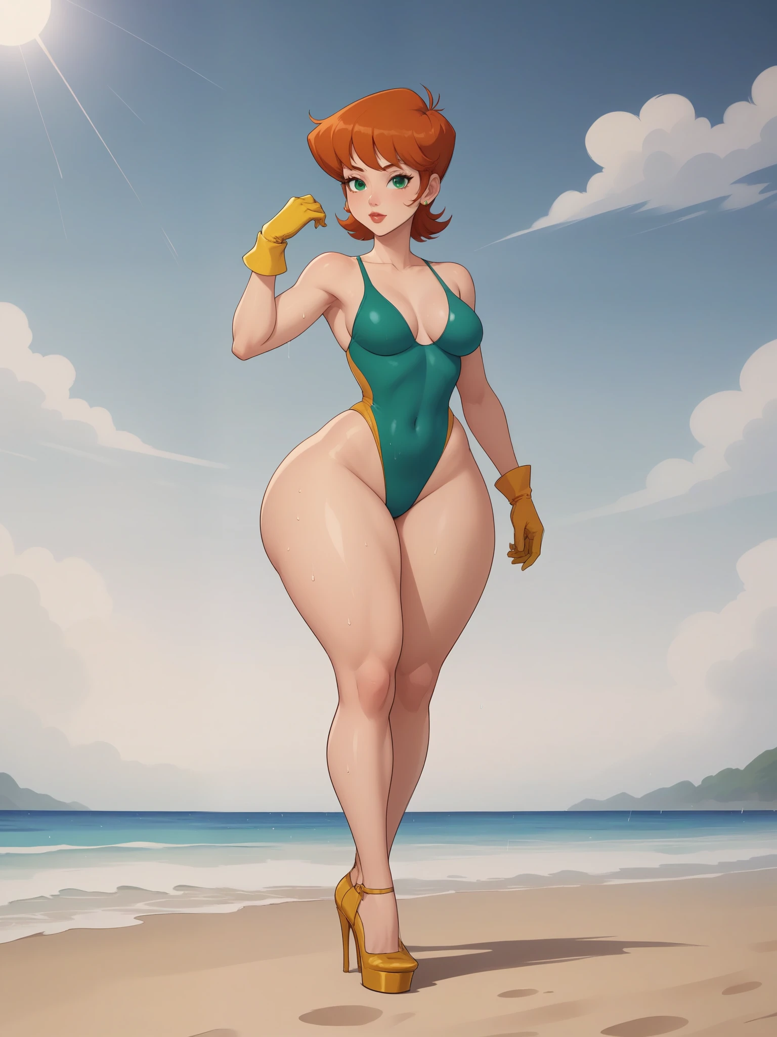 Dexter's mom. short hairstyle. ginger. green eyes. small saggy breasts. huge hips. yellow gloves. swimsuit. heels. beach. rain