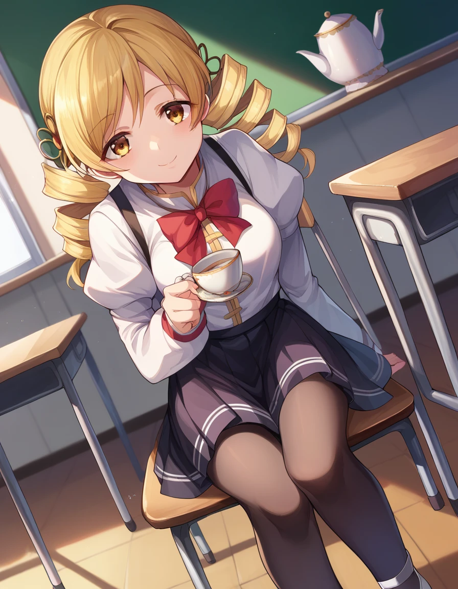 score_9, score_8_up, score_7_up, source_anime,
mamitomoe, mami tomoe, blonde hair, drill hair, twin drills, yellow eyes, smile,
black pantyhose, black skirt, bowtie, juliet sleeves, long sleeves, mary janes, mitakihara school uniform, pantyhose, pleated skirt, puffy sleeves, red bow, school uniform, shadow, shoes, skirt, white footwear,
indoors, classroom, desk, chair, teapot, teacup, drinking, sitting,
looking at viewer, dutch angle, cowboy shot,