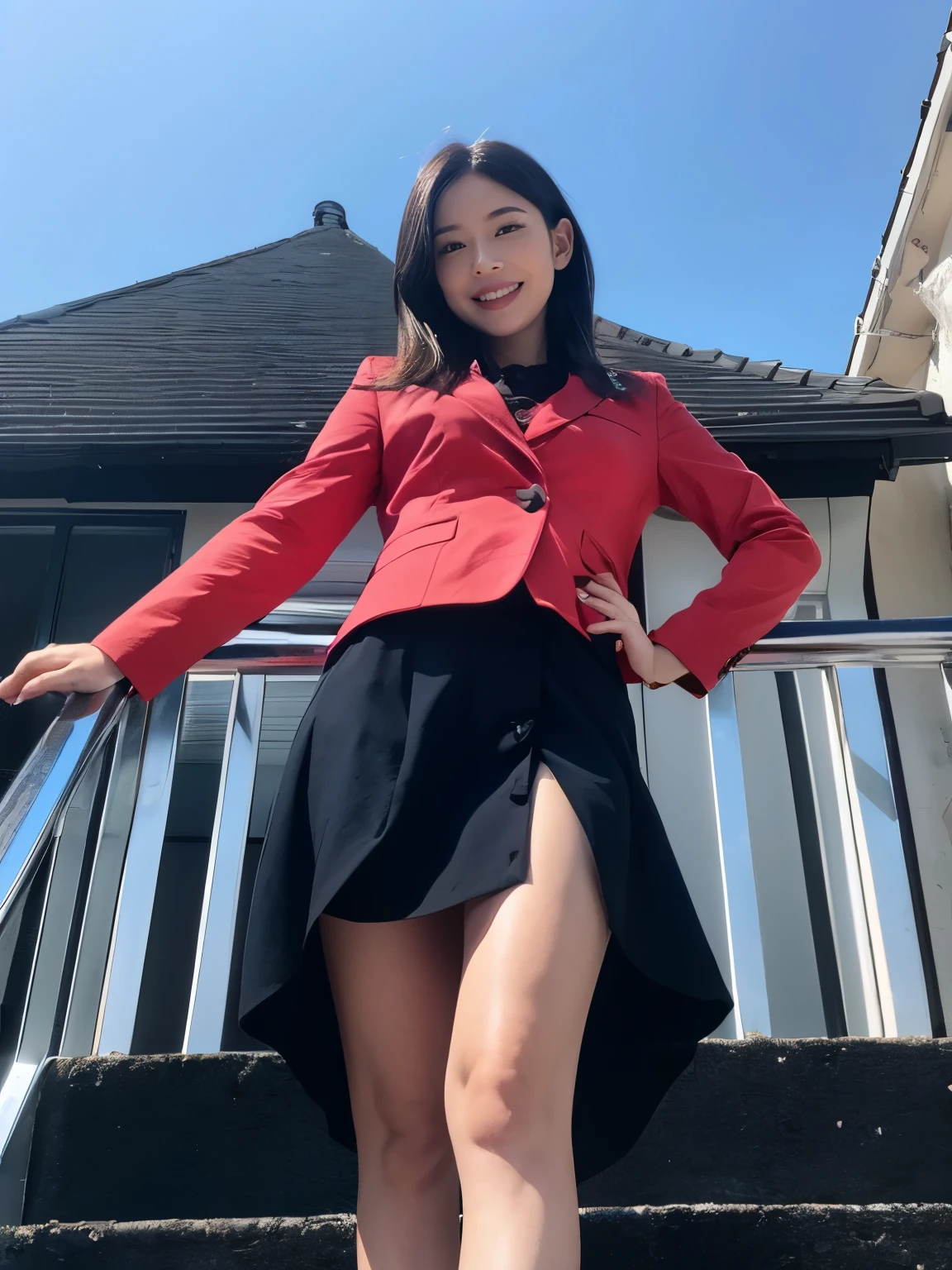 Best Quality, masterpiece, Realistic, High resolution, 8K RAW Photos, 1 person, front、from below, face focus, close to viewer,Bobcut、Standing with a slouch、Angle from below、Standing with legs wide open、(((Looking into the camera)))、Grin,High heels、skirt、((Midnight:1.5))、Shooting with flash、Company uniform、Interested々