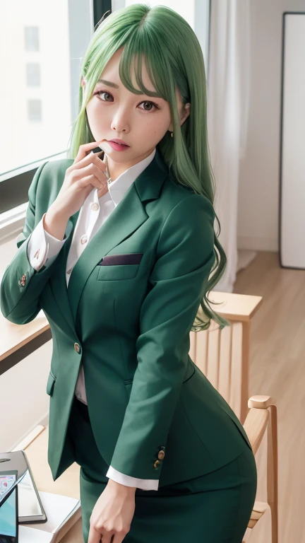 1girl,big breast, purple hair, brown eyes,high quality, ultra detailed, masterpiece, realistic, school uniform, green blazer 