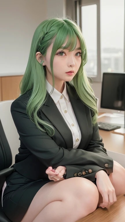 Hatsune Miku, 1girll, Solo, ((white shirt)), black thighhigns, Breasts, décolleté, uniform, Office funding, Black skirt, the pleated skirt, office room, hair between eye, blue colored eyes, Flower pupils, mediuml breasts, Long hair, looking at viewert, blue hairs, No short nails, Solo, upper legs, upper legs, Very long hair, ((tmasterpiece)), Sat down, a chair, Study desk, A computer on the desktop, name tag, id tag, interiors, Be red in the face, sexyposture, dual horsetail,Hatsune Miku Kaihime