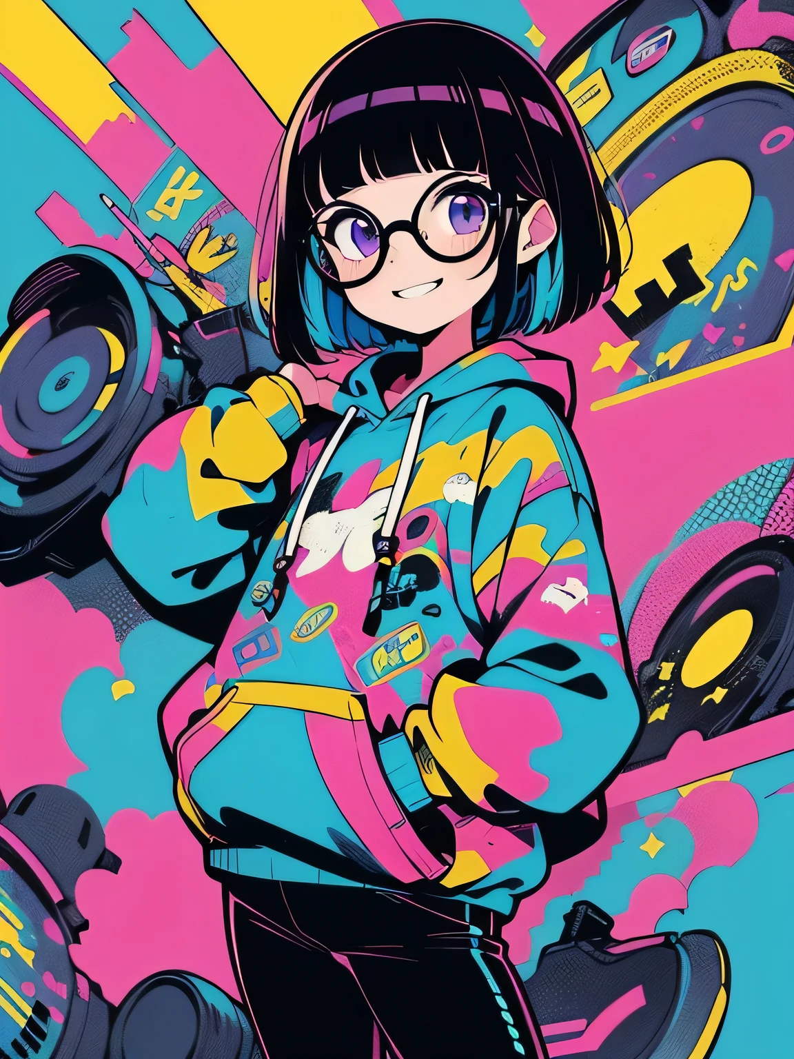solo,(wariza),purple short hair,(short blunt bangs).shiny smile,glasses,graffity hoodie,stylish mini pants,model pose,highly detailed background,elaborately designed clothes,ink,(minimalism),(pop art),(retro color),(one color simple background),