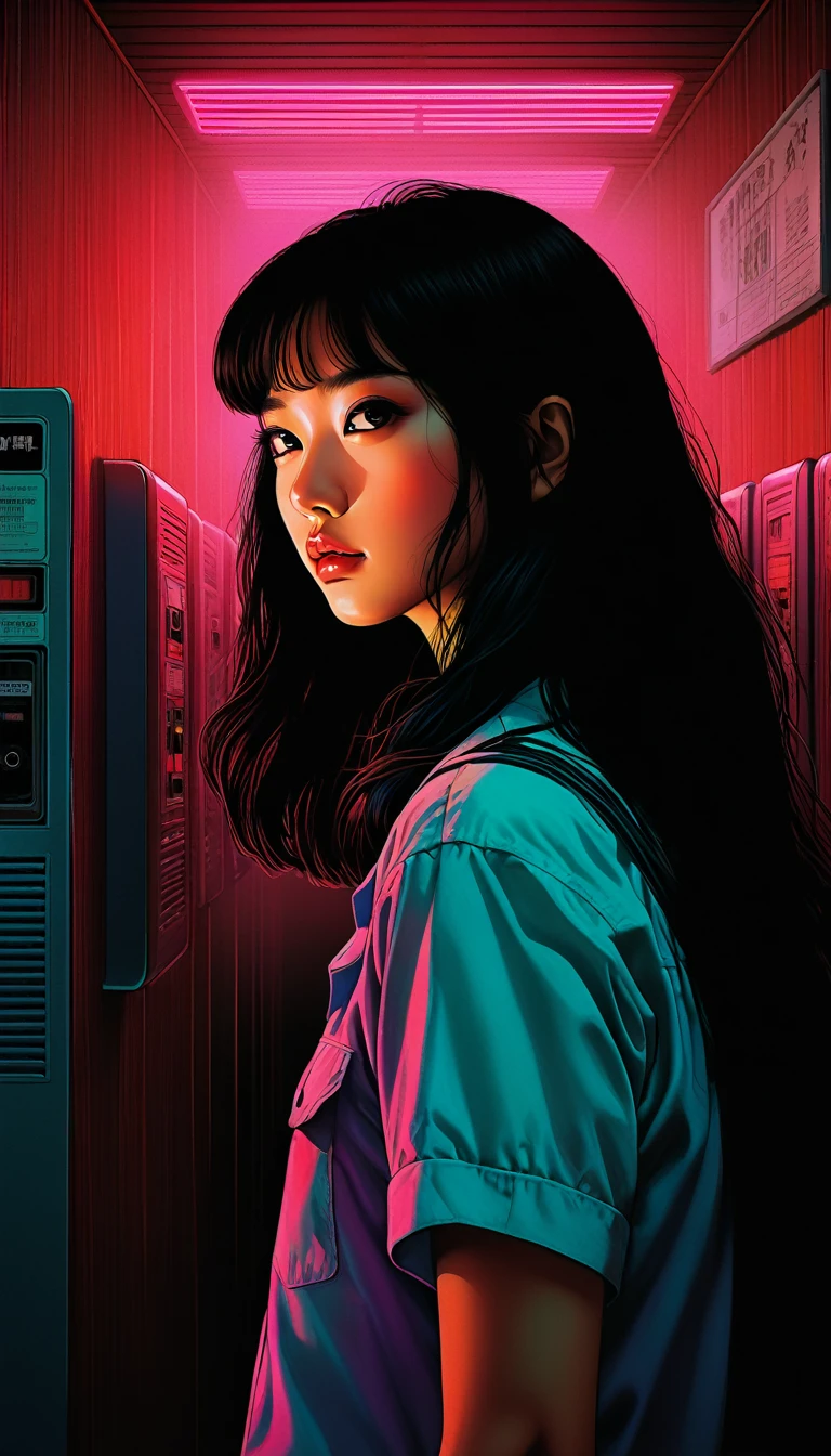 Illustration、art、80s Thai horror movie poster, Supervised by Junji Ito、(high school student:1.0)、movie theatre、Attention to detail, Realistic Shadows、Analog Style, chromatic aberration, Surrealism、Complementary Gradient