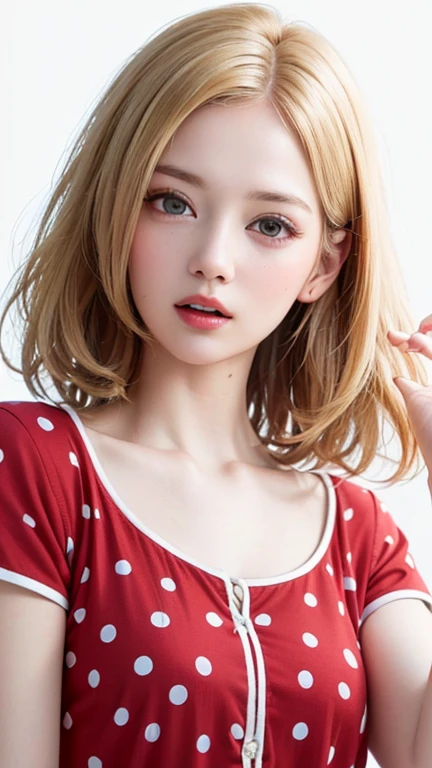 (highest quality、8k、32k、masterpiece)、(Realistic)、(Realistic:1.2)、(High resolution)、Very detailed、Very beautiful face and eyes、1 girl、Round and small face、Tight waist、Delicate body、(close、highest quality、Attention to detail、Rich skin detail)、(highest quality、8k、Oil paint:1.2)、(Realistic、Realistic:1.37)、Bright colors、(((blonde)))、(((Bust Shot)))、(((Medium Hair)))、(((Loose and fluffy perm)))、(((Pure white wall background)))、(((Pure white wall background)))、(((Red pajamas、Short sleeve)))、(((Sleepy look)))、(((Hide your mouth with your left hand)))、(((Yawning)))、(((Blonde)))、(((Polka dot pajamas)))、(((Red pajamas)))、(((Clothes with red polka dots)))