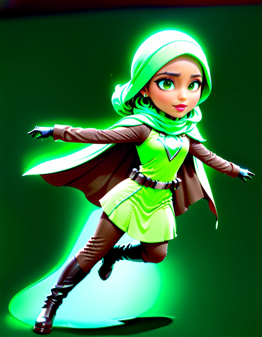 modisn disney, a girl, short body, hijab, brown suit, layered with green vest, white police hat, white belt, black hand bangle, black boots, cape, flying pose, full body picture