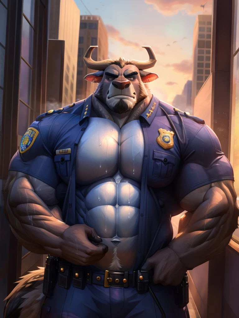 male focus, score_9, score_8, score_7, score_6,  bara, big muscles, correct anatomy, detailed eyes, simple backed, source_furry, gay, anthro, bogo, beefy bodybuilder, massive musclular, musk clouds, sweaty body, musky, highres, huge pecs, bara tiddies, (police, uniform, wearing police uniform, open shirt), city, standing